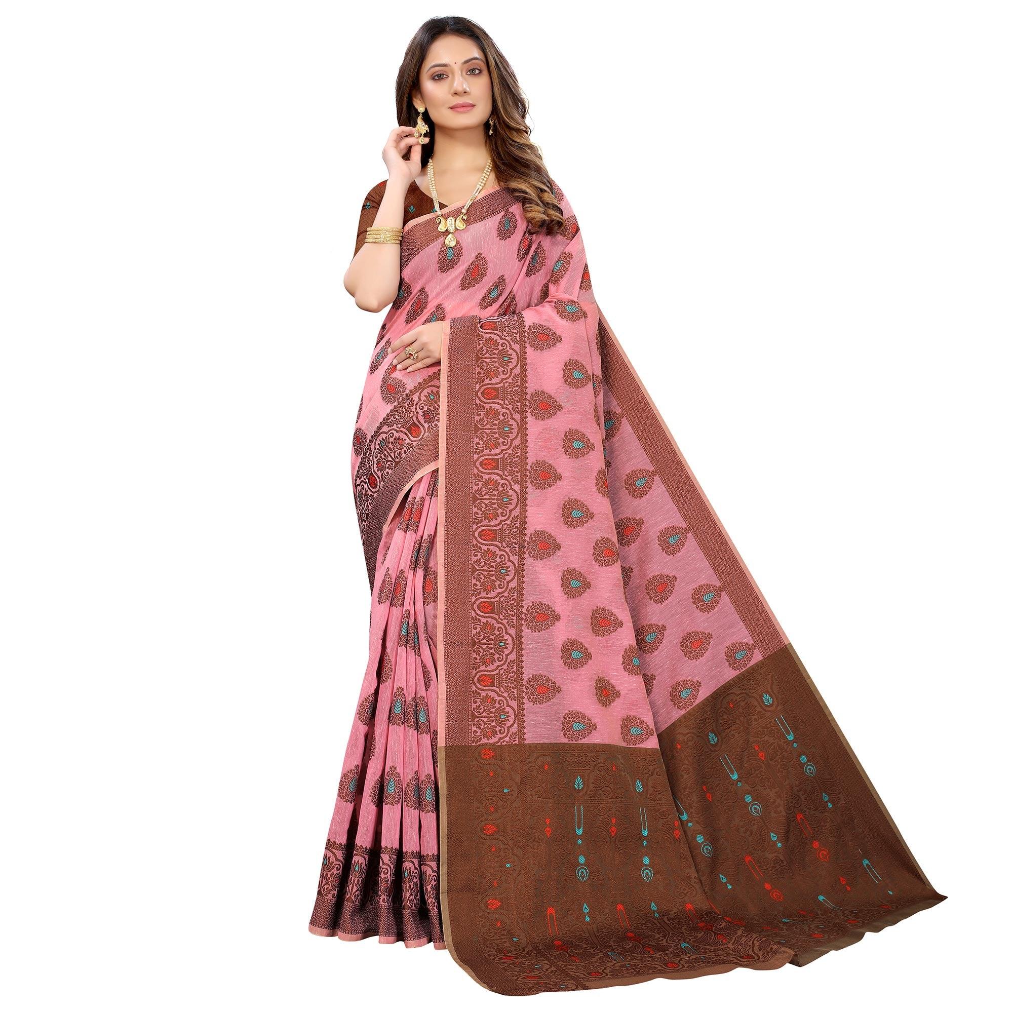 Pink Festive Wear Woven With Meena Butta Rich Pallu Cotton Saree - Peachmode