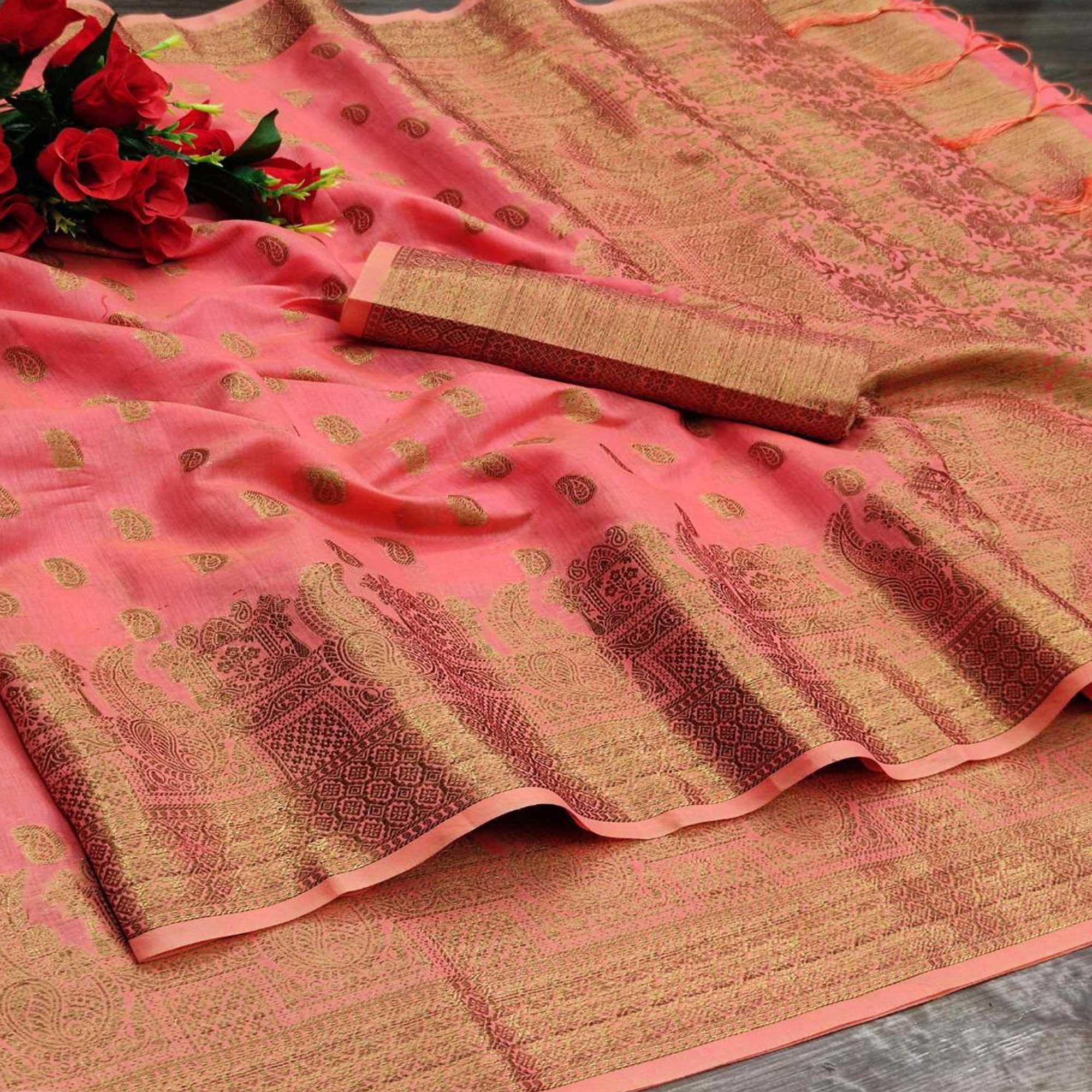 Pink Festive Wear Woven With  Meena Butta Rich Pallu Cotton Saree - Peachmode