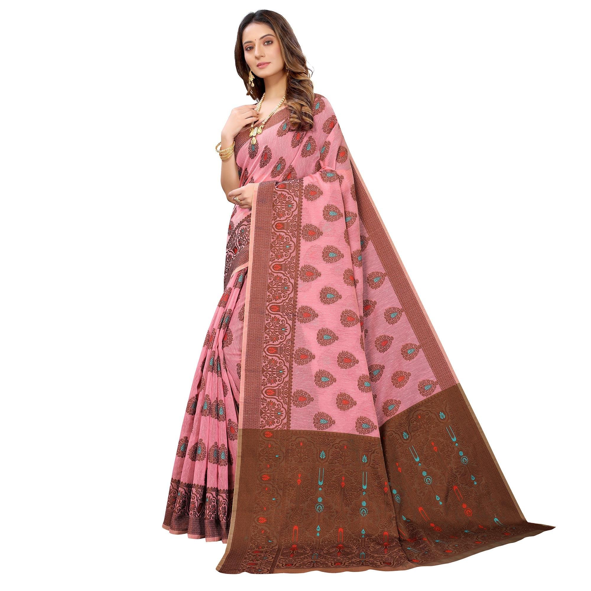 Pink Festive Wear Woven With Meena Butta Rich Pallu Cotton Saree - Peachmode