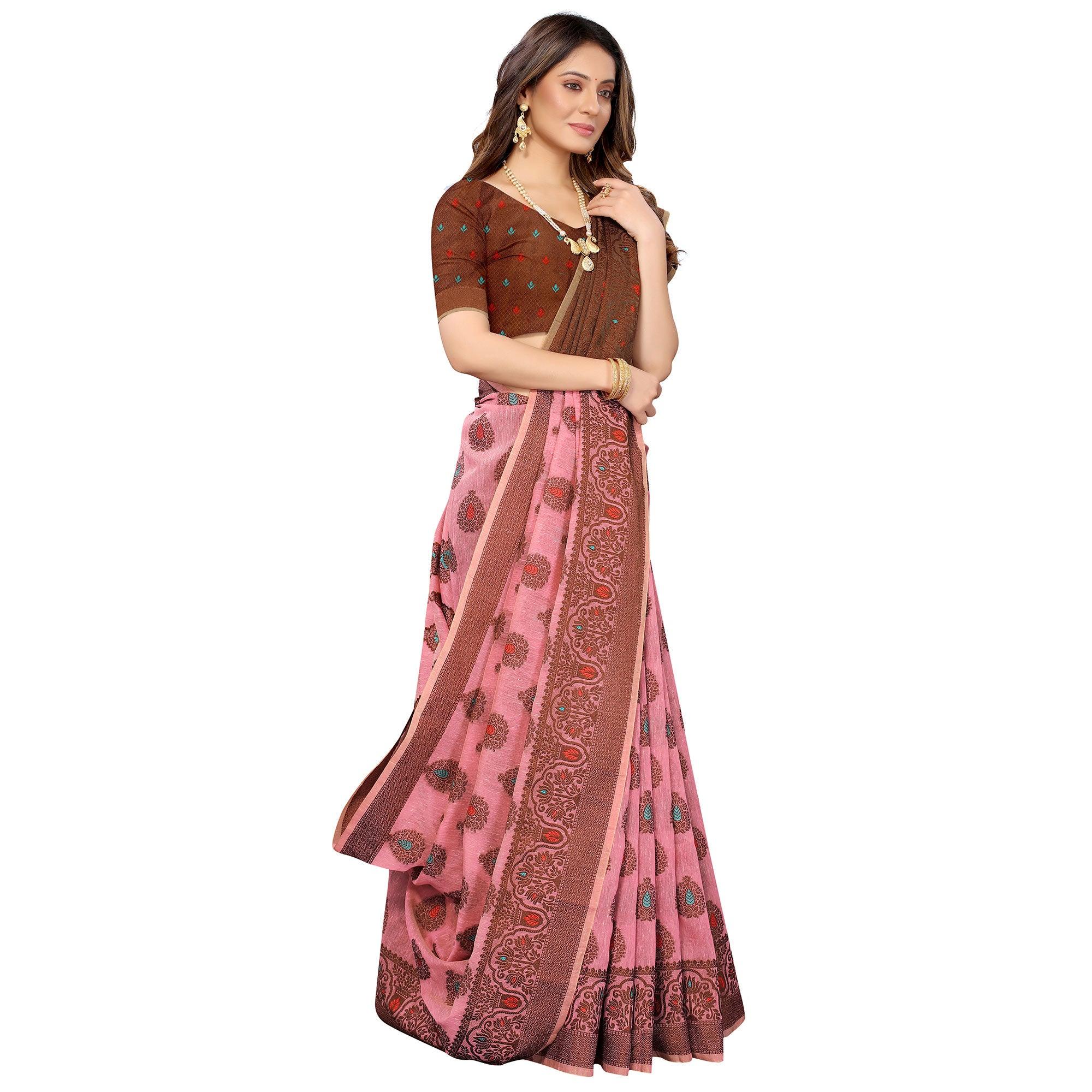 Pink Festive Wear Woven With Meena Butta Rich Pallu Cotton Saree - Peachmode