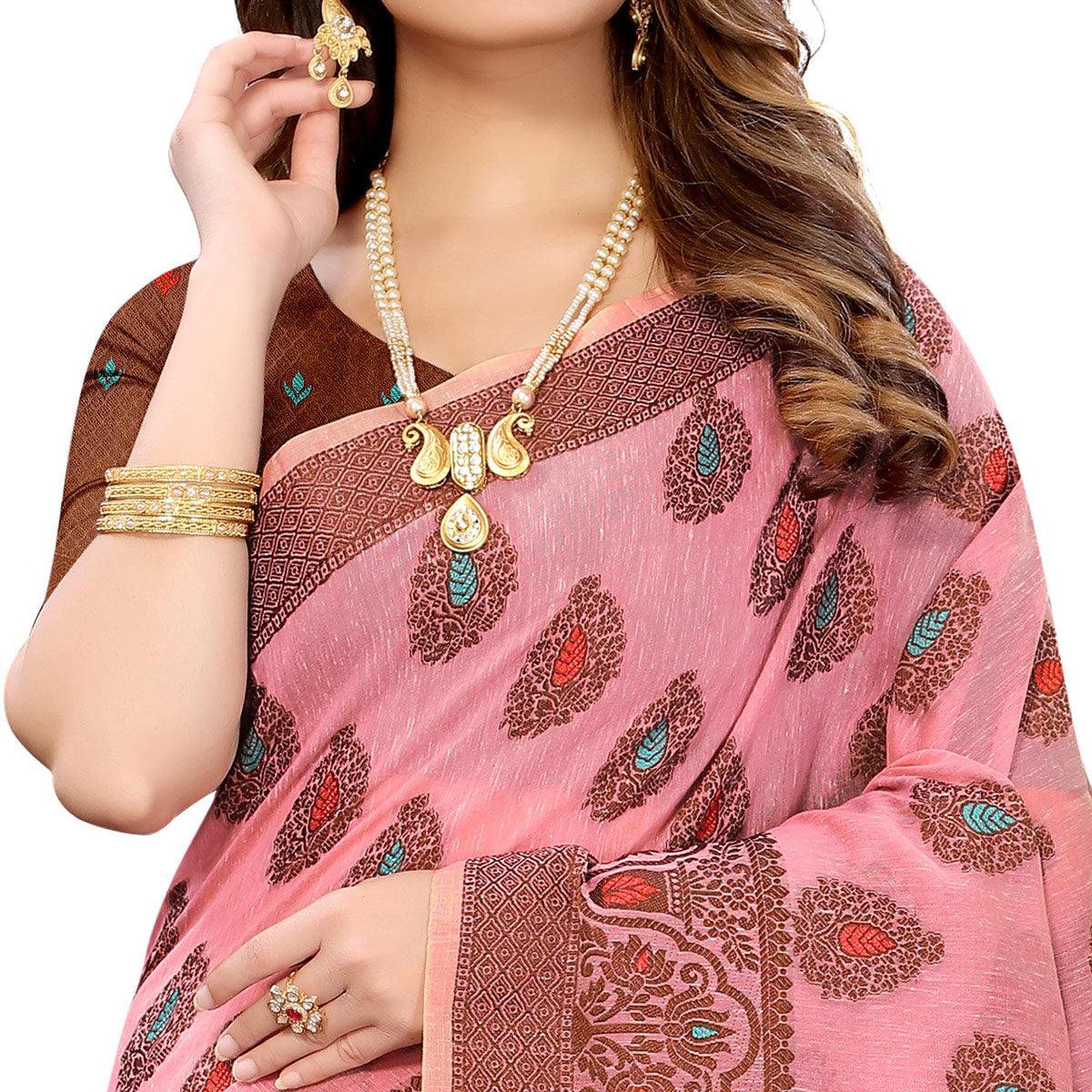 Pink Festive Wear Woven With Meena Butta Rich Pallu Cotton Saree - Peachmode