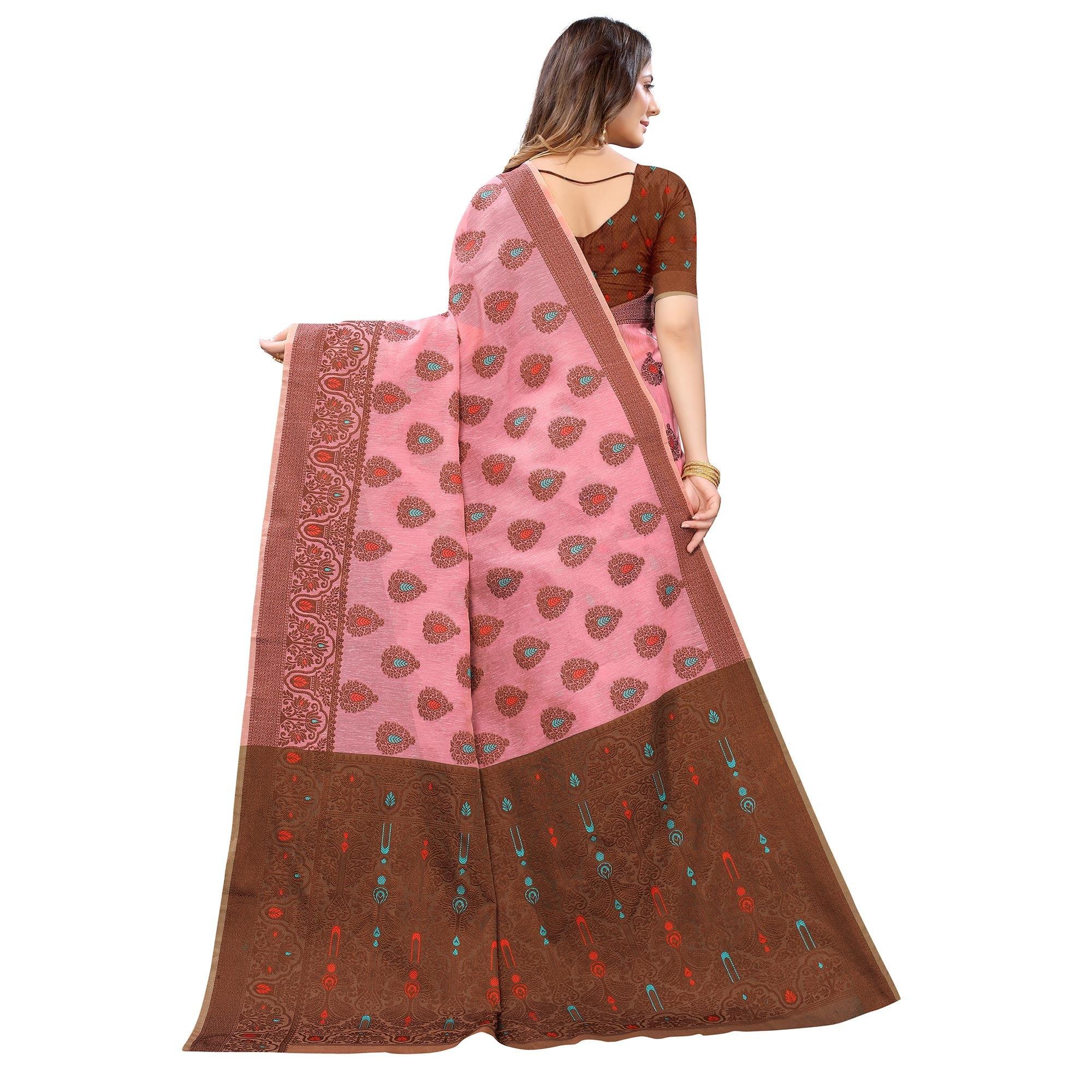 Pink Festive Wear Woven With Meena Butta Rich Pallu Cotton Saree - Peachmode