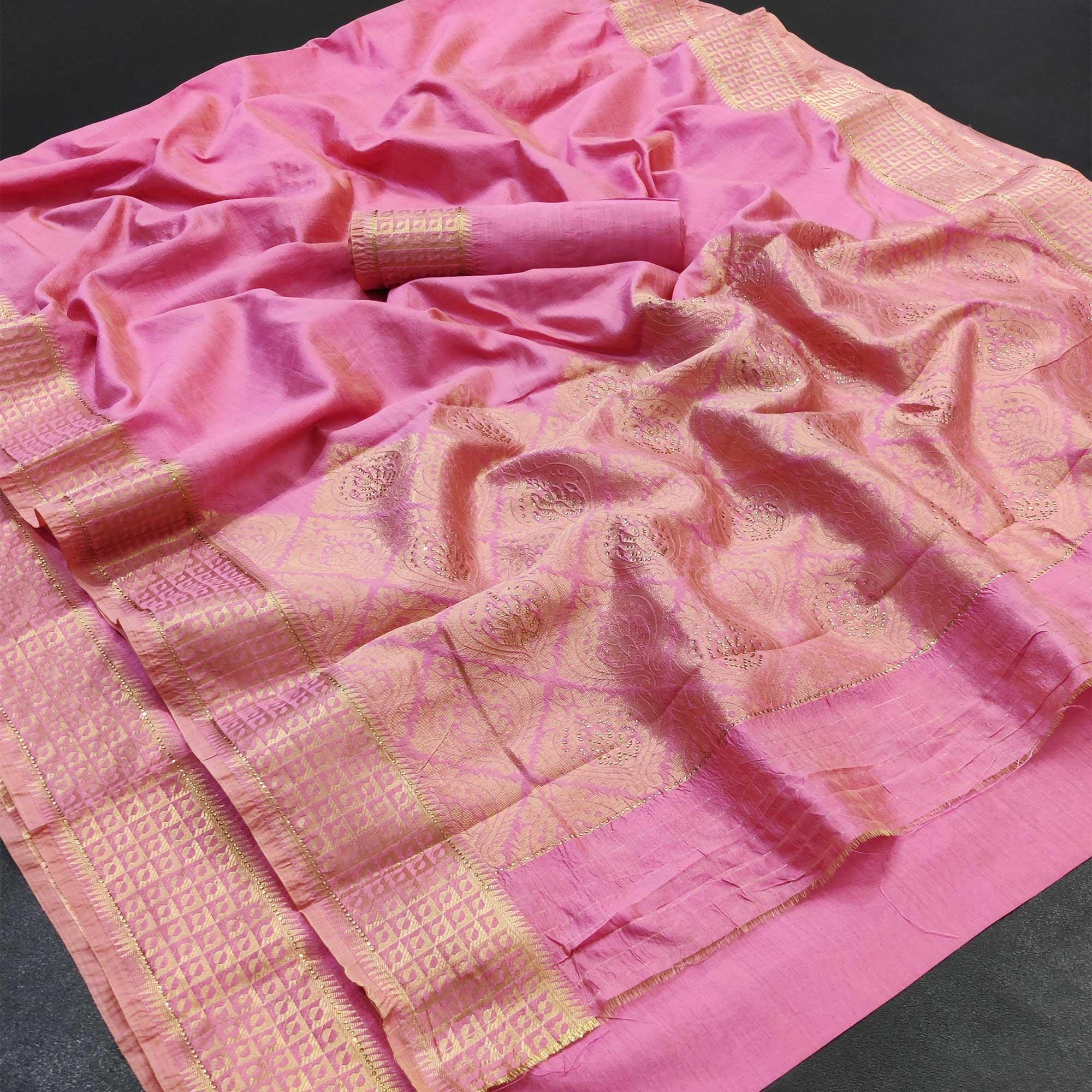 Pink Festive Wear Woven With Stone Work Assam Silk Saree - Peachmode