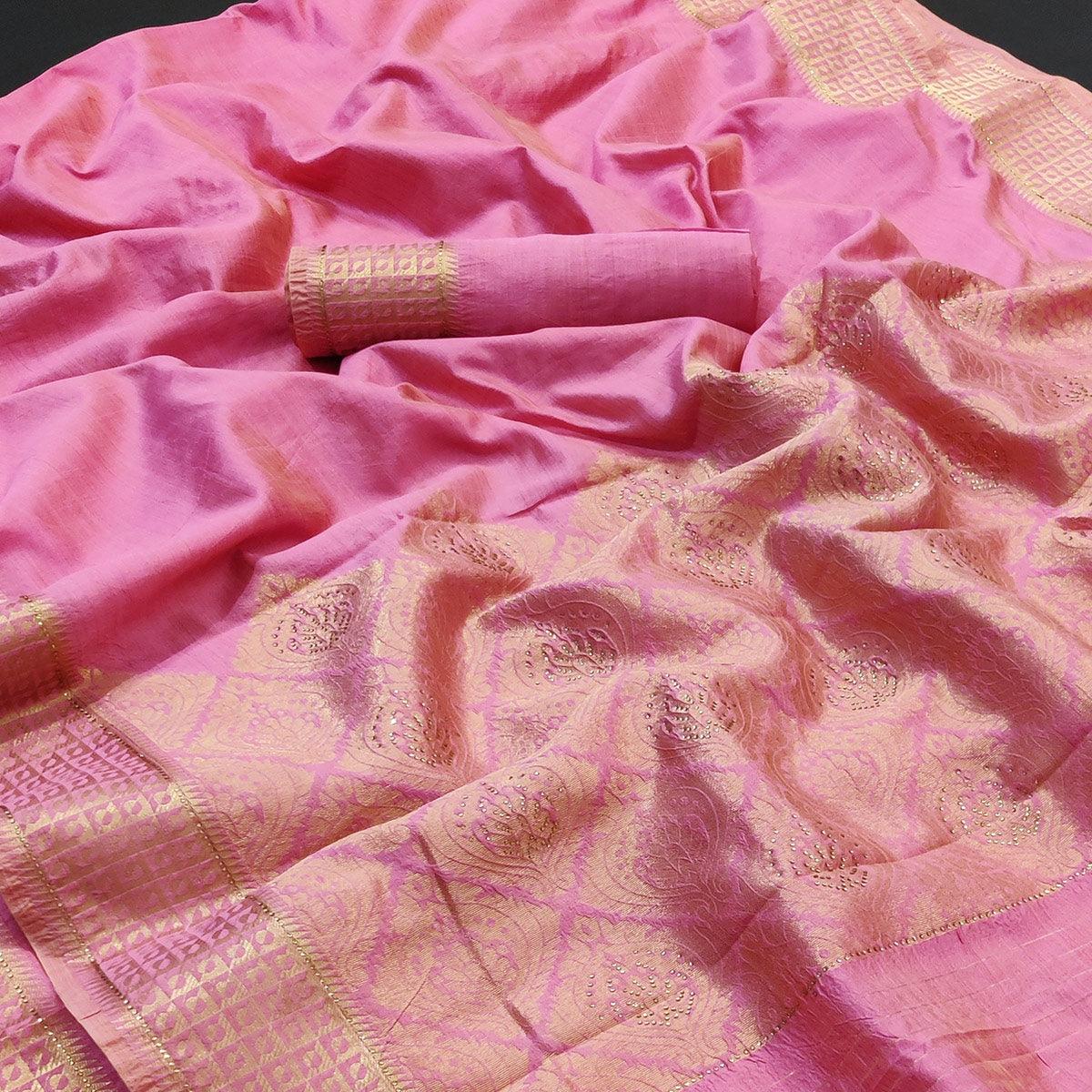 Pink Festive Wear Woven With Stone Work Assam Silk Saree - Peachmode