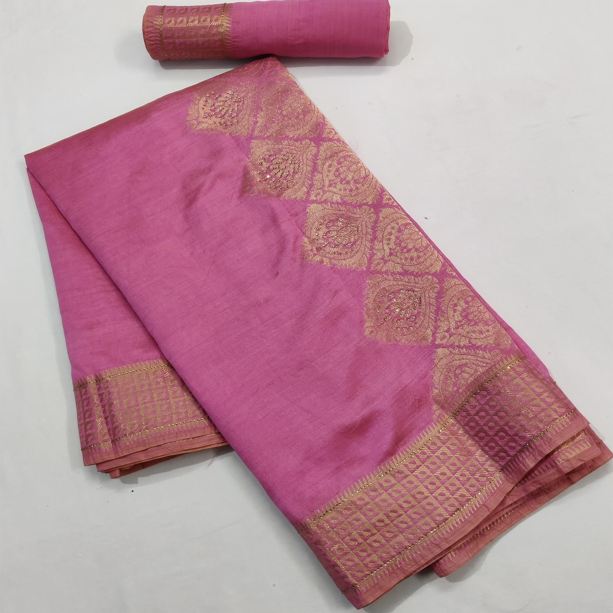 Pink Festive Wear Woven With Stone Work Assam Silk Saree - Peachmode