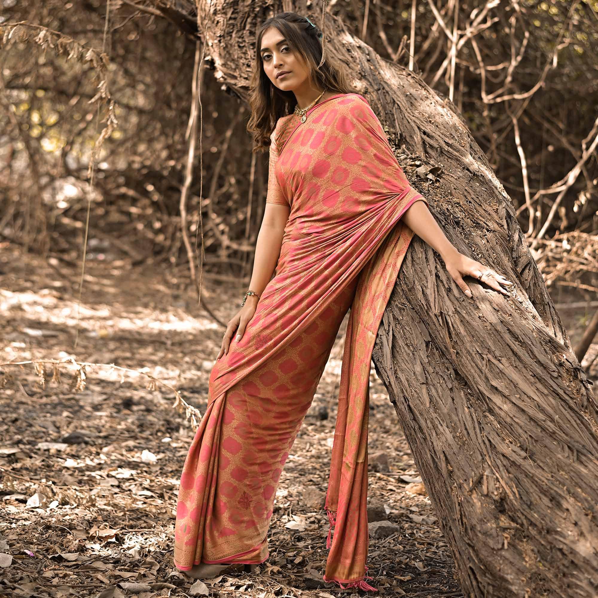 Pink Festive Wear Woven With Swarovski Art Silk Saree - Peachmode
