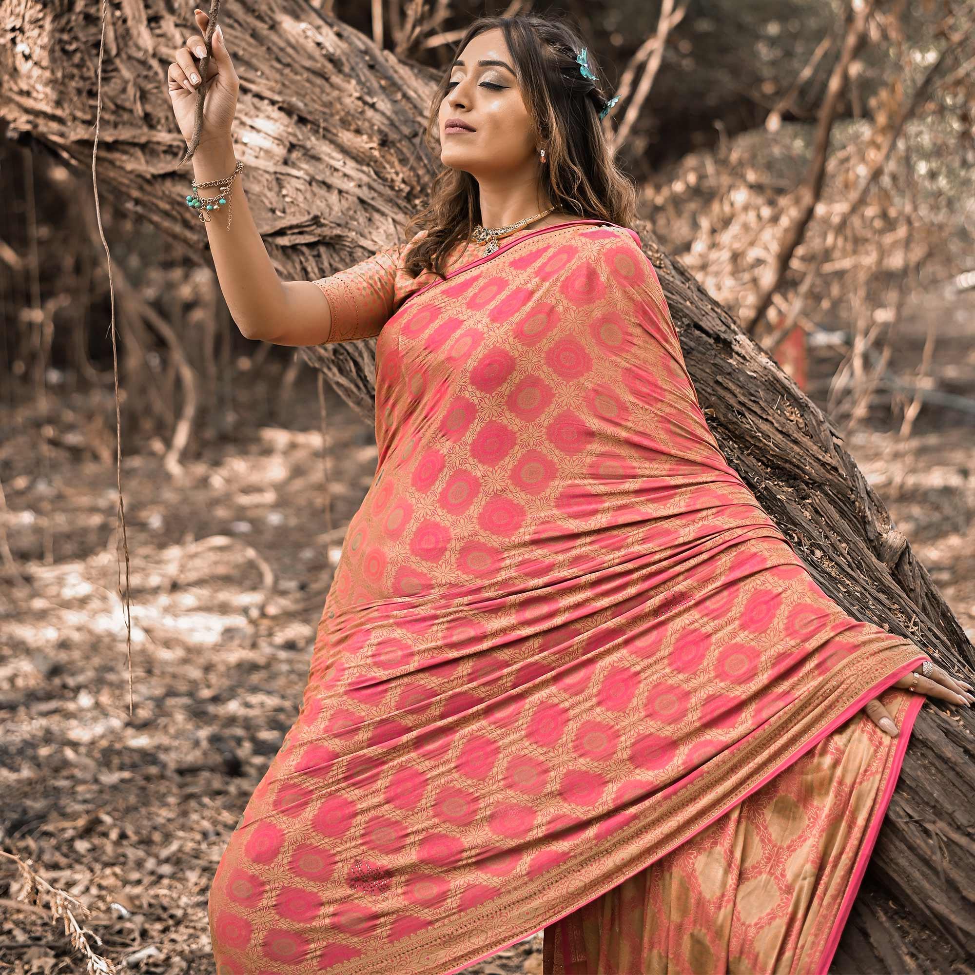 Pink Festive Wear Woven With Swarovski Art Silk Saree - Peachmode