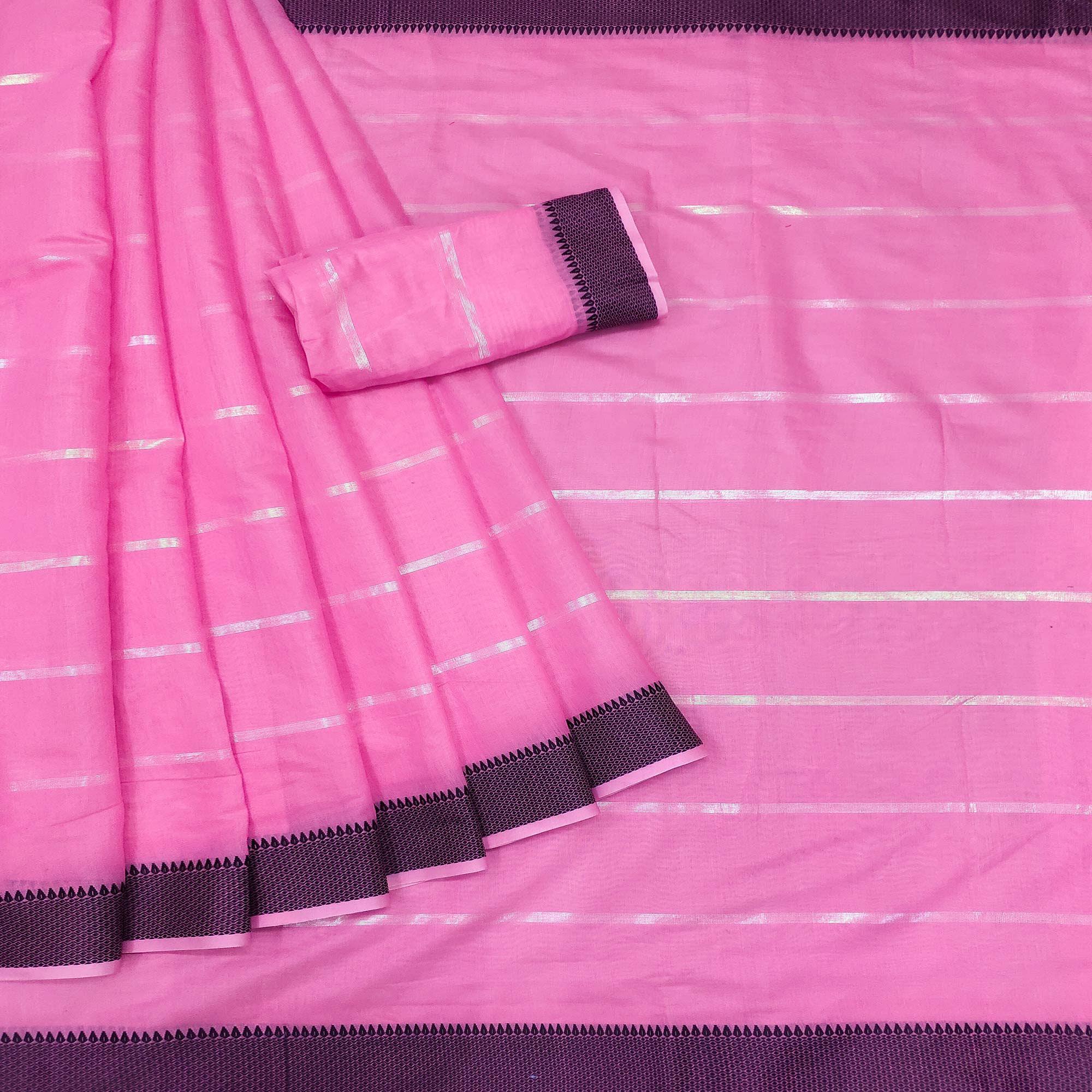 Pink Festive Wear Zari Stripe Cotton Saree - Peachmode