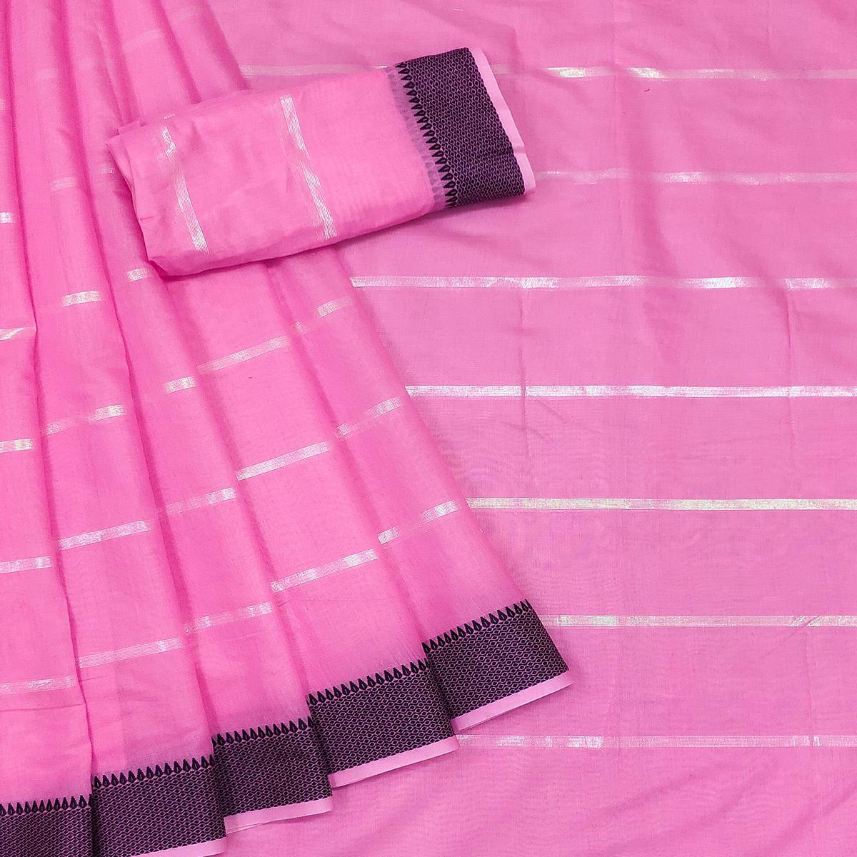 Pink Festive Wear Zari Stripe Cotton Saree - Peachmode