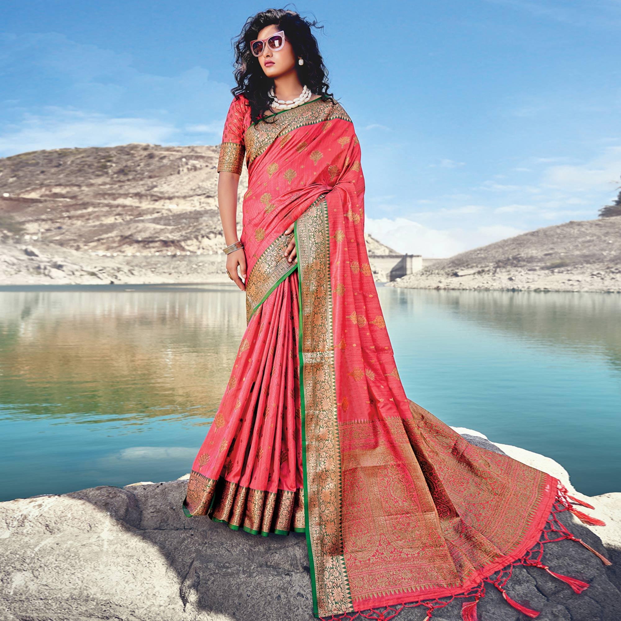 Pink Festive Wear Zari Woven Banarasi Silk Saree - Peachmode