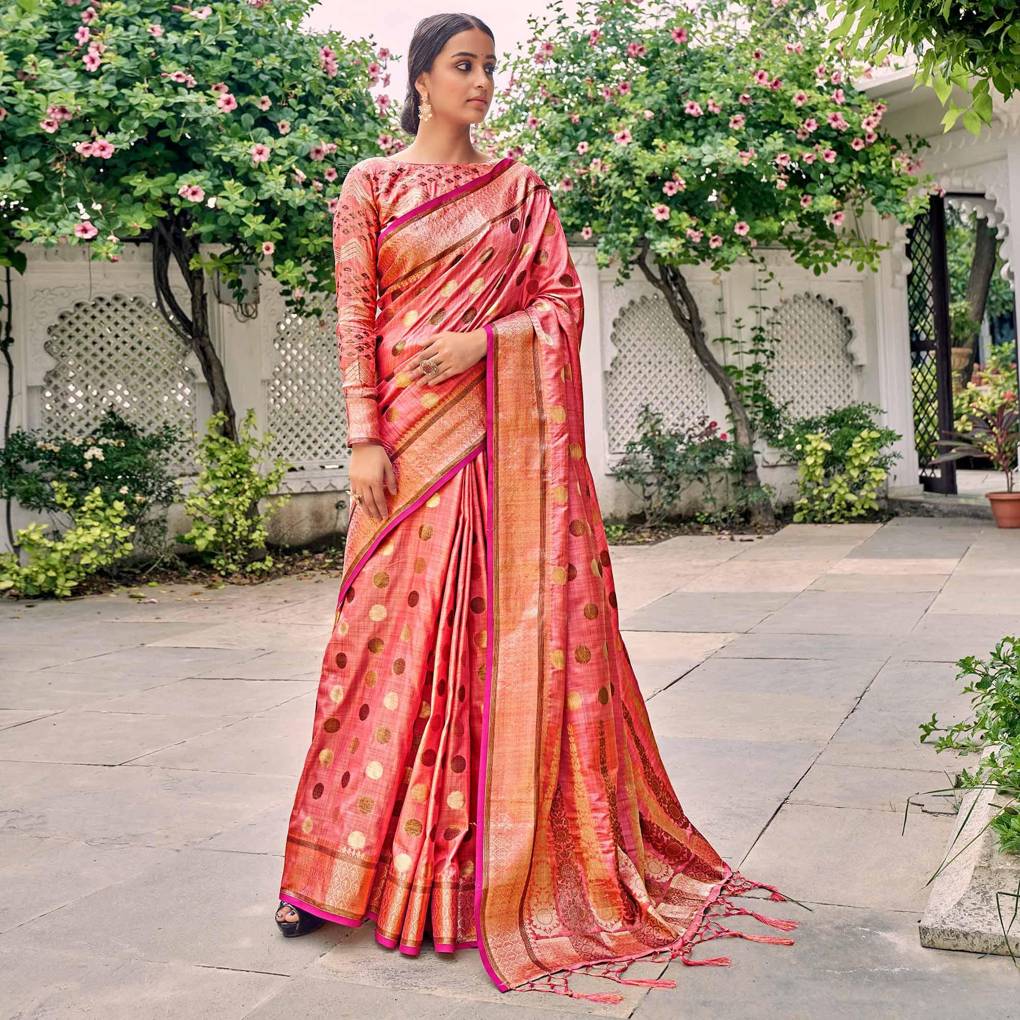 Pink Festive Wear Zari Woven Soft Ghichaa Silk Saree - Peachmode