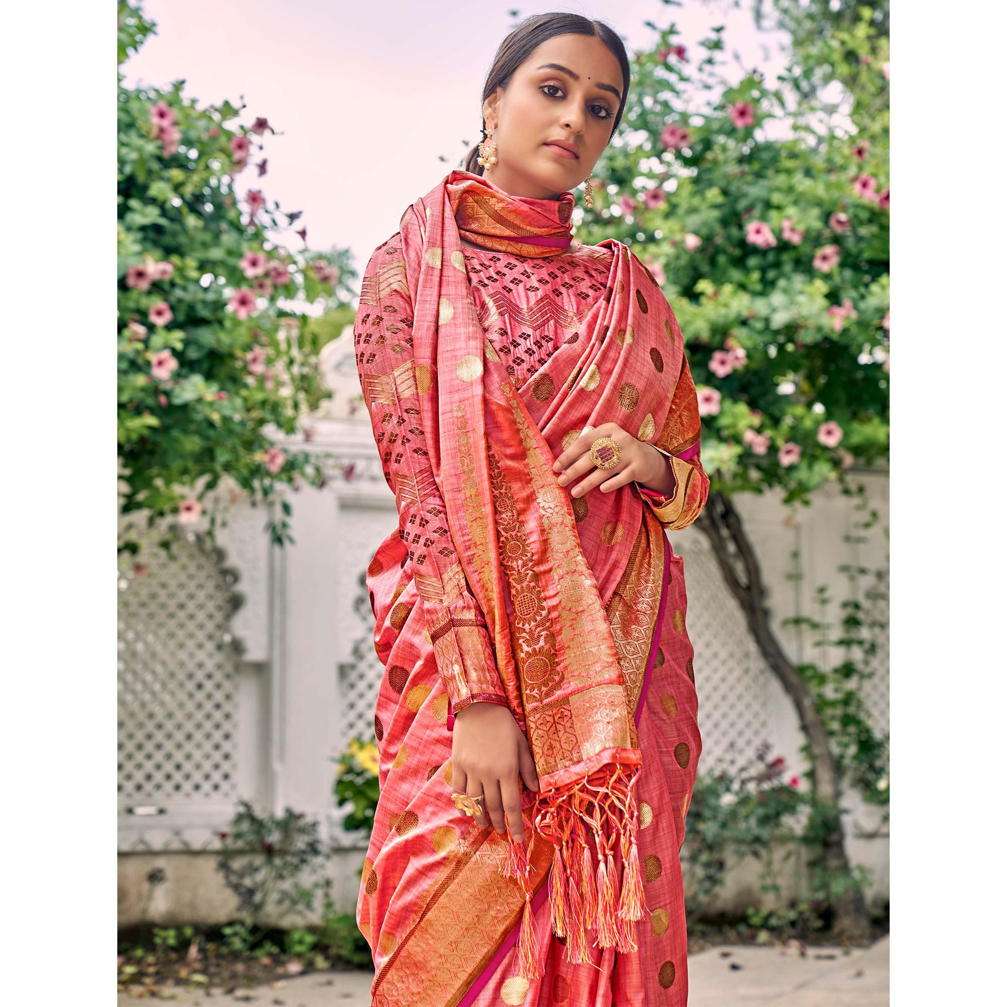 Pink Festive Wear Zari Woven Soft Ghichaa Silk Saree - Peachmode