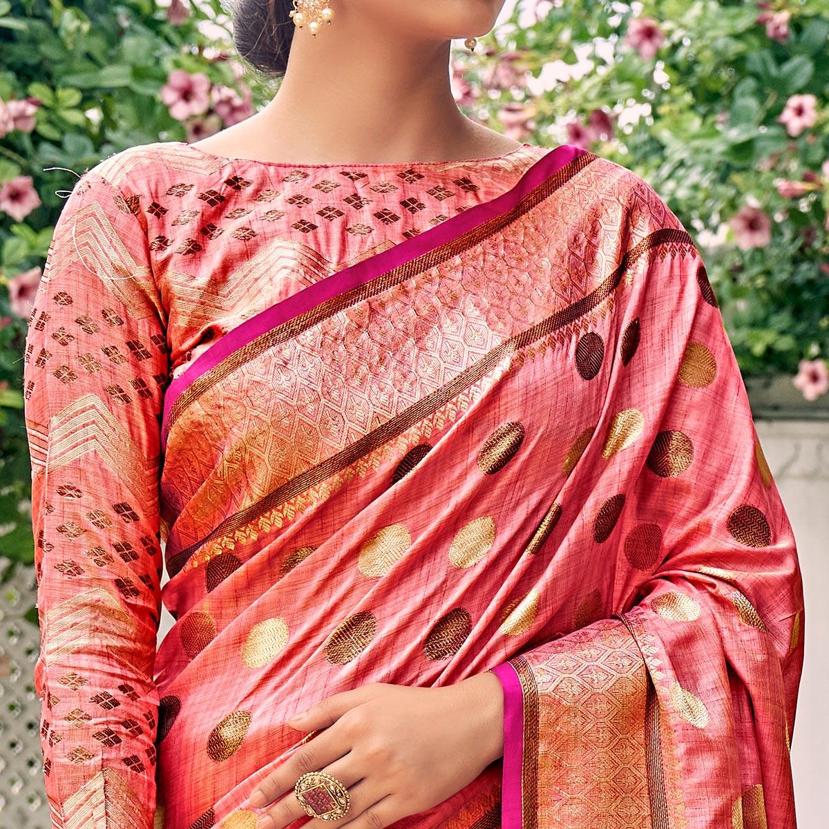 Pink Festive Wear Zari Woven Soft Ghichaa Silk Saree - Peachmode