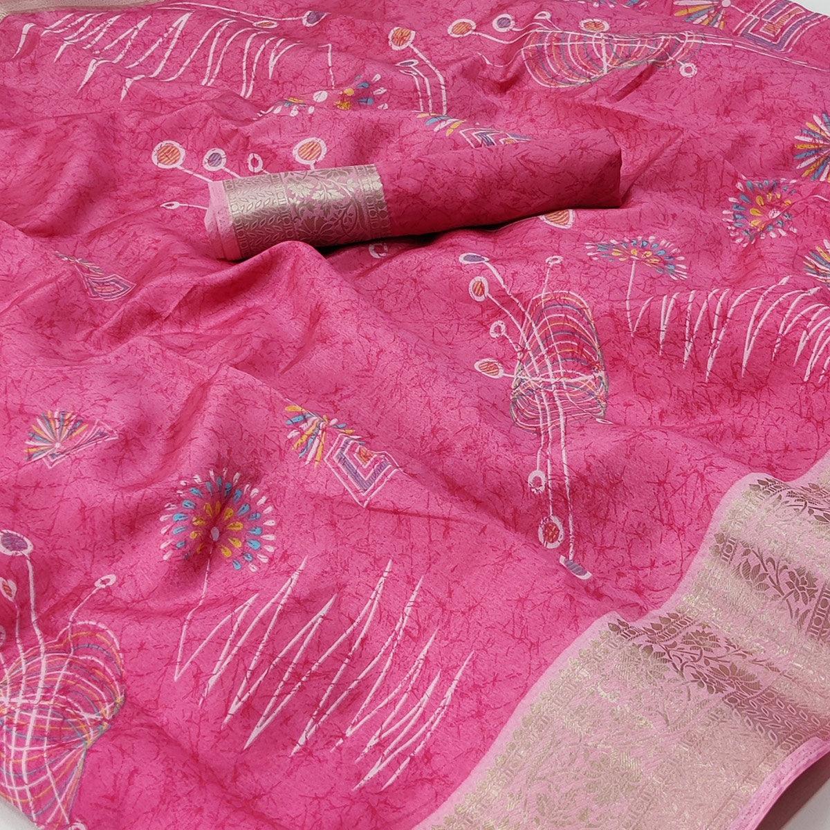 Pink Floral And Geometric Printed Dola Silk Saree - Peachmode