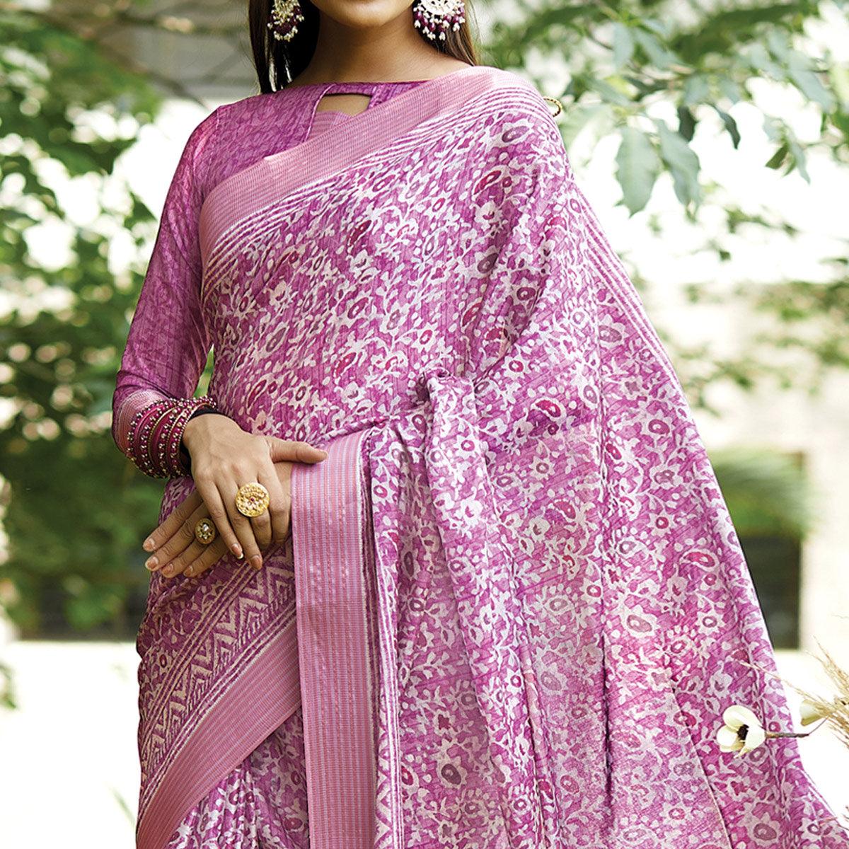Pink Floral Digital Printed Art Silk Saree - Peachmode