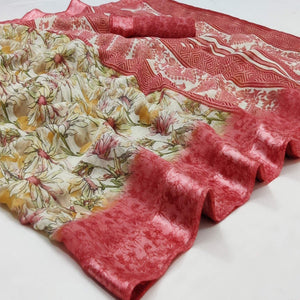 Pink Floral Digital Printed Pure Linen Saree - Peachmode