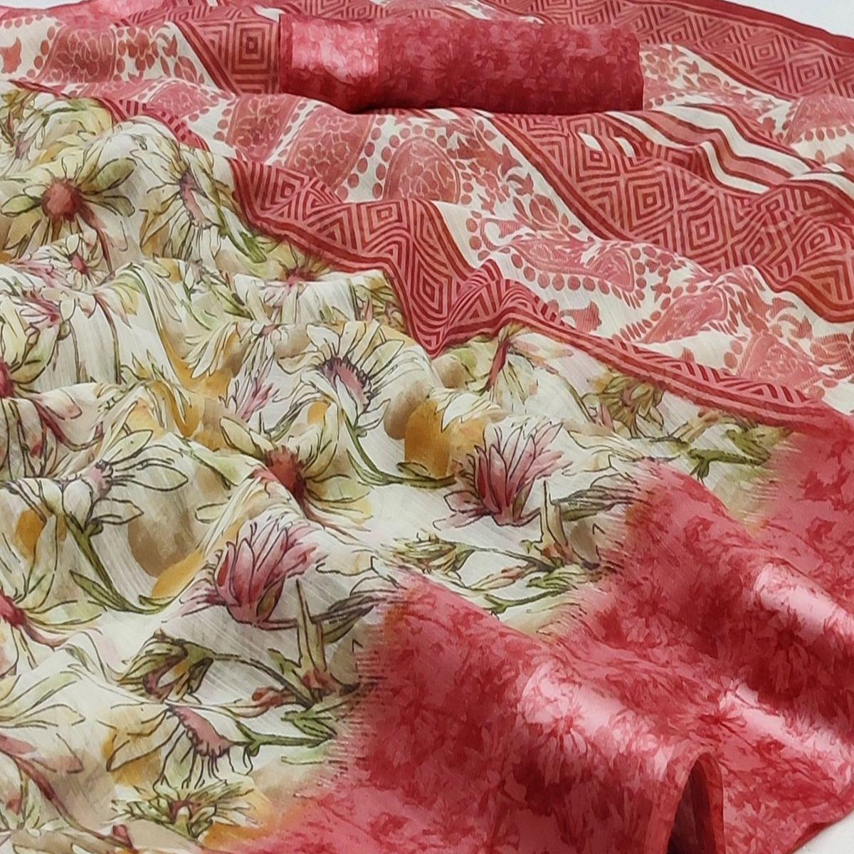 Pink Floral Digital Printed Pure Linen Saree - Peachmode