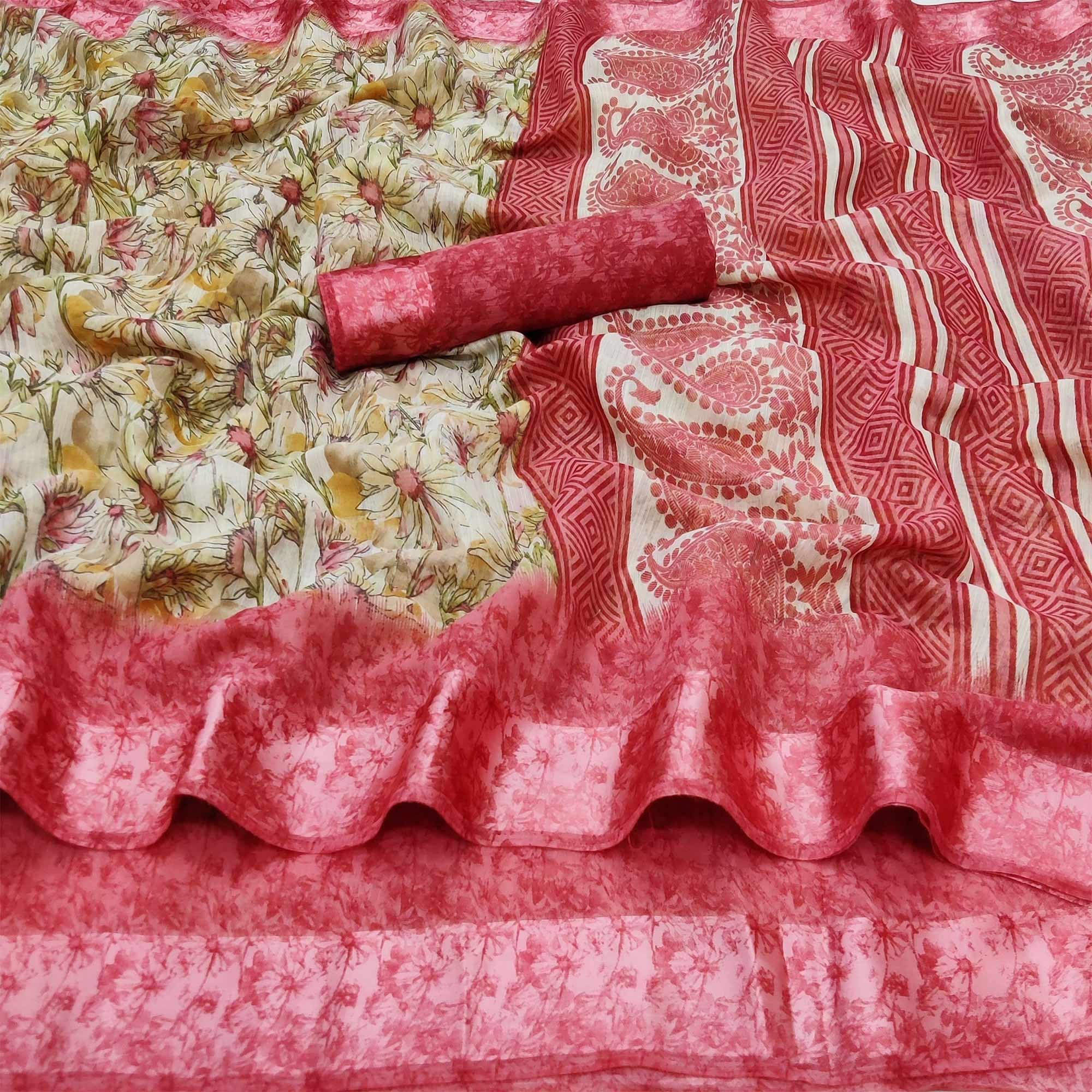 Pink Floral Digital Printed Pure Linen Saree - Peachmode