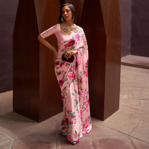 Pink Floral Digital Printed Satin Saree - Peachmode