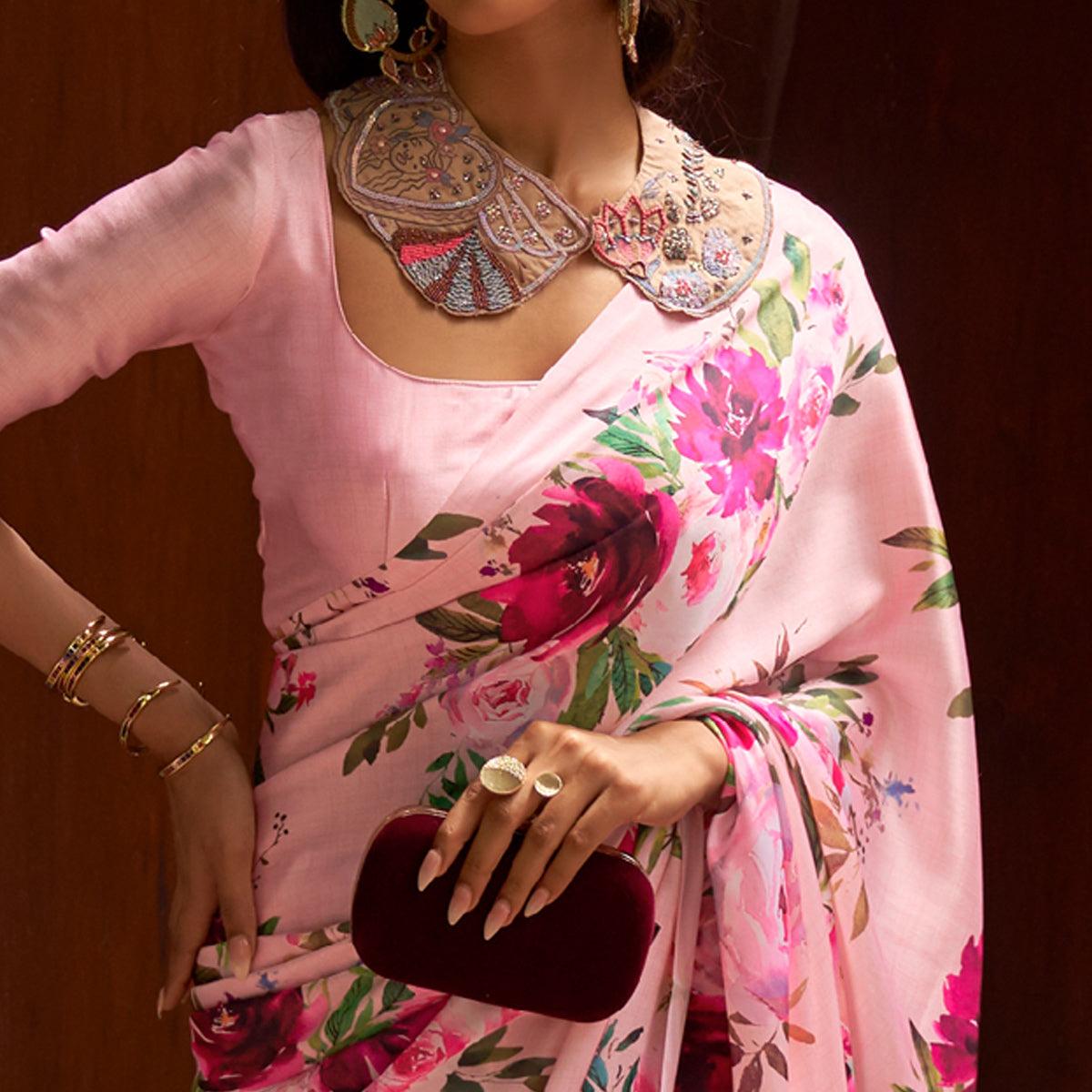 Pink Floral Digital Printed Satin Saree - Peachmode