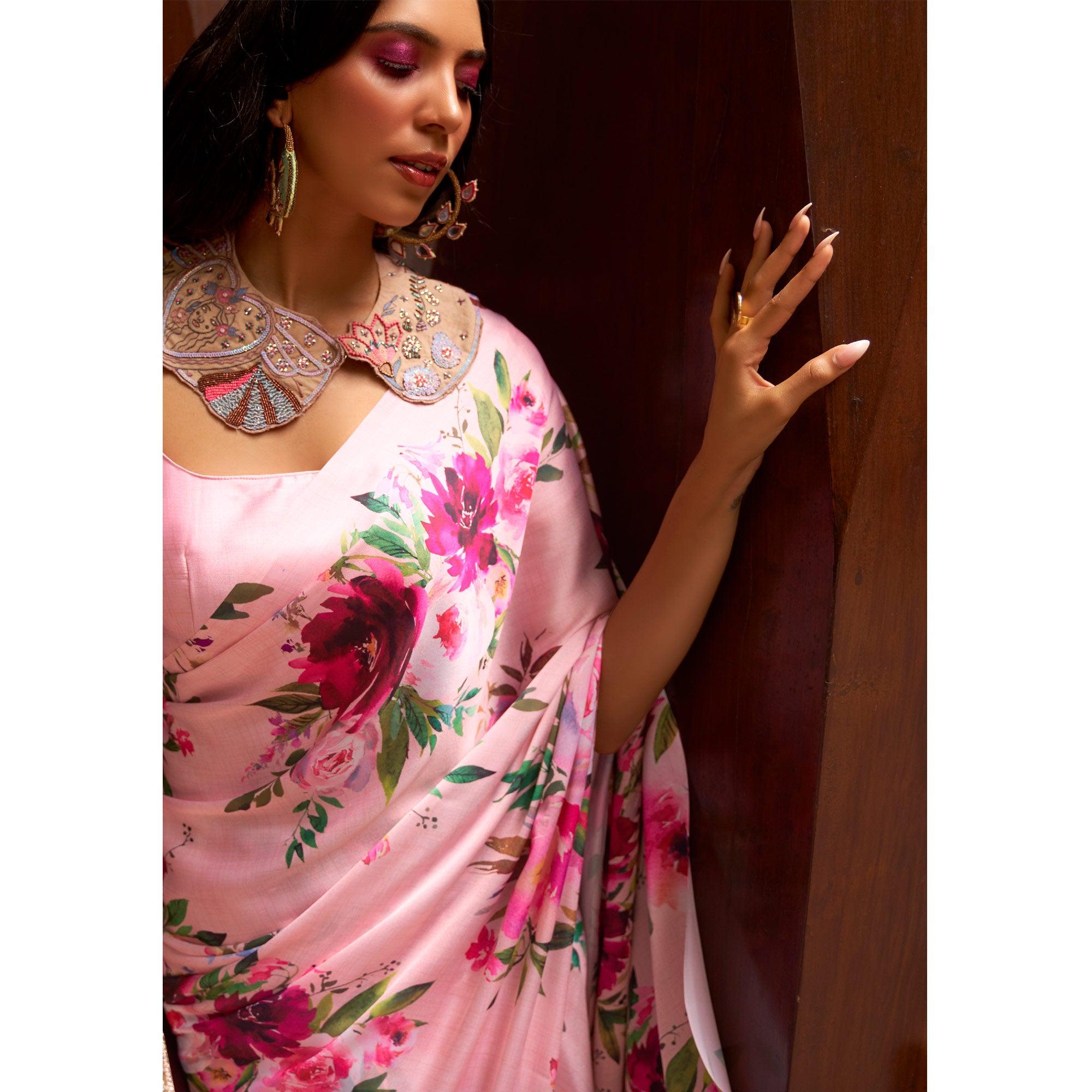 Pink Floral Digital Printed Satin Saree - Peachmode