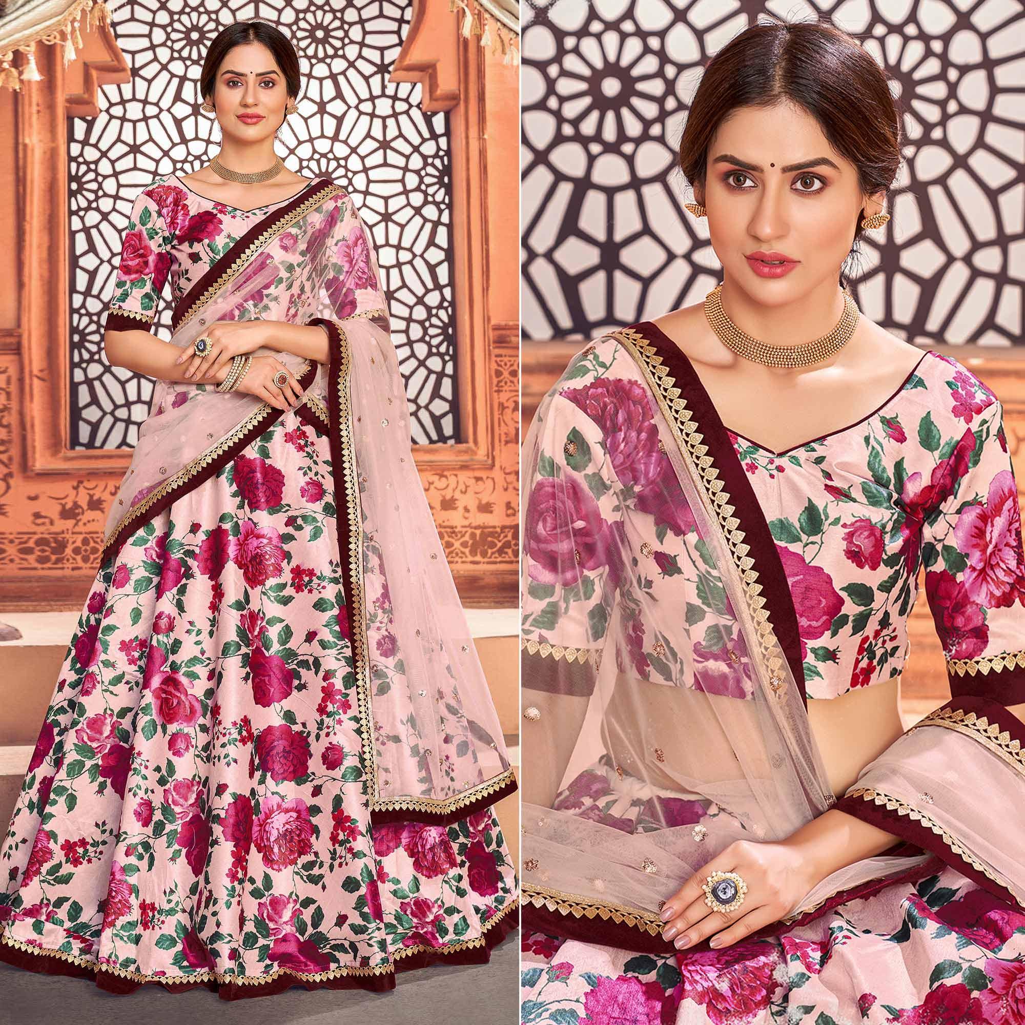 Pink Floral Digital Printed Tapetta Silk Lehenga Choli - Peachmode