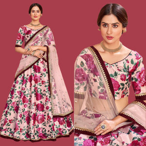 Pink Floral Digital Printed Tapetta Silk Lehenga Choli - Peachmode