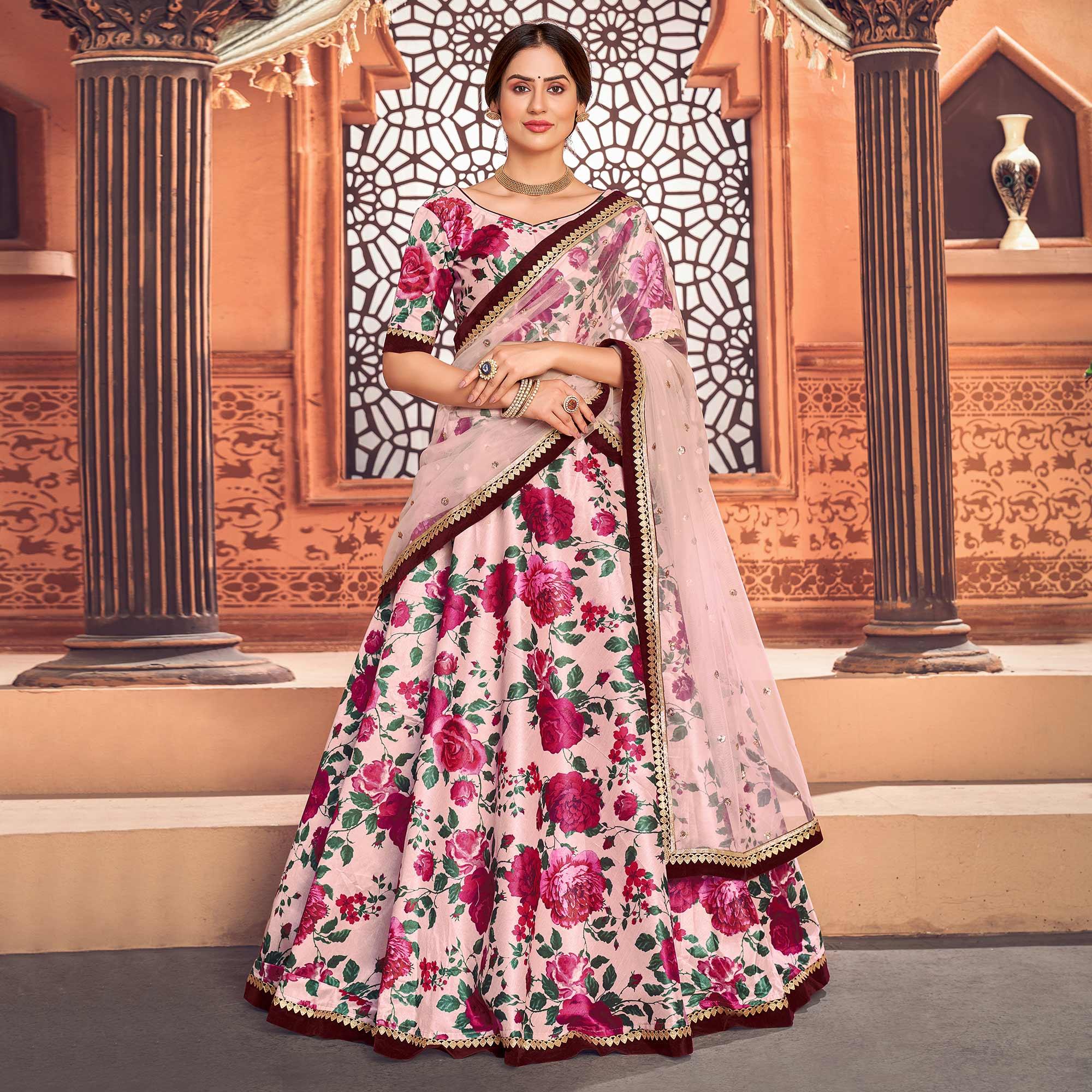 Pink Floral Digital Printed Tapetta Silk Lehenga Choli - Peachmode