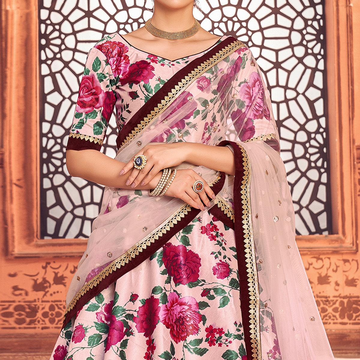 Pink Floral Digital Printed Tapetta Silk Lehenga Choli - Peachmode