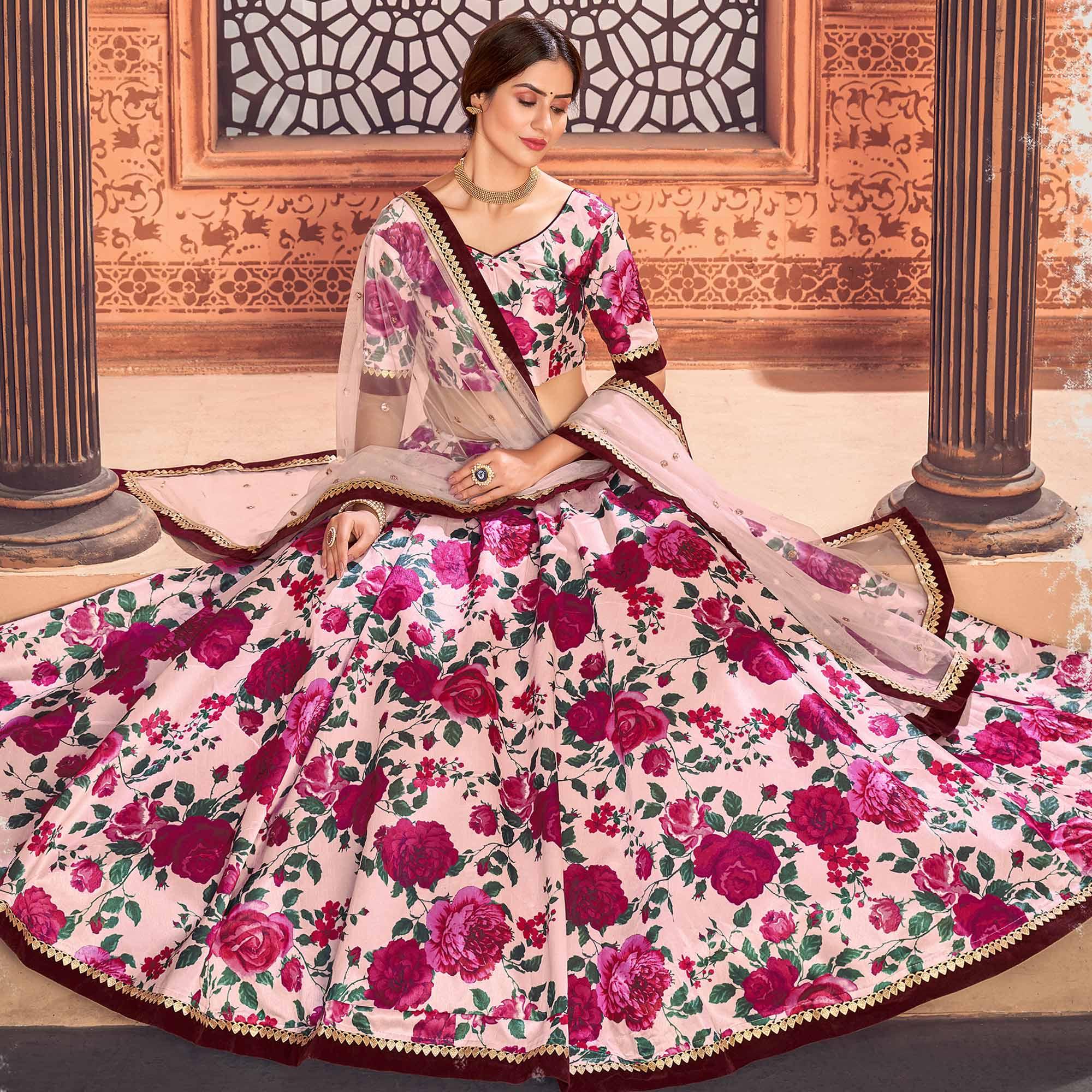 Pink Floral Digital Printed Tapetta Silk Lehenga Choli - Peachmode