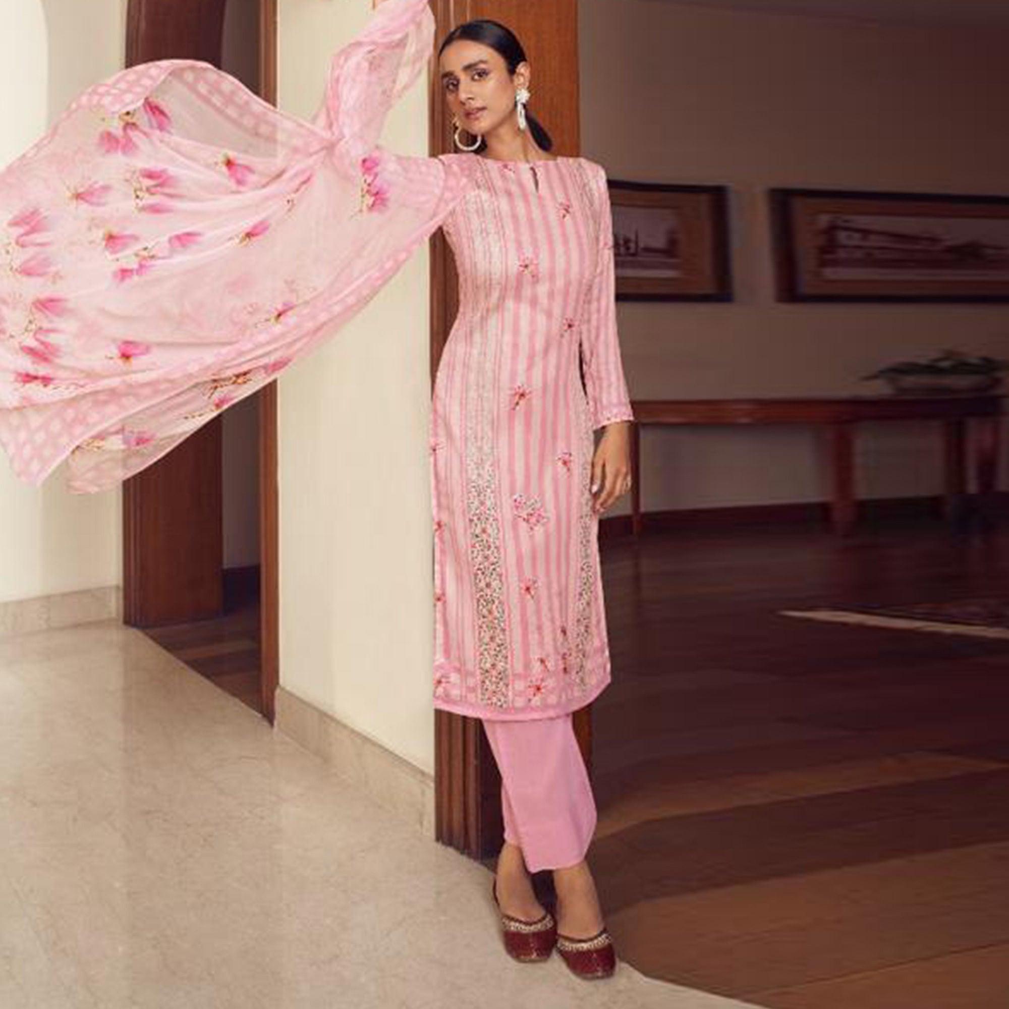 Pink Floral Digital Printed With Handwork Cambric Cotton Partywear Suit - Peachmode