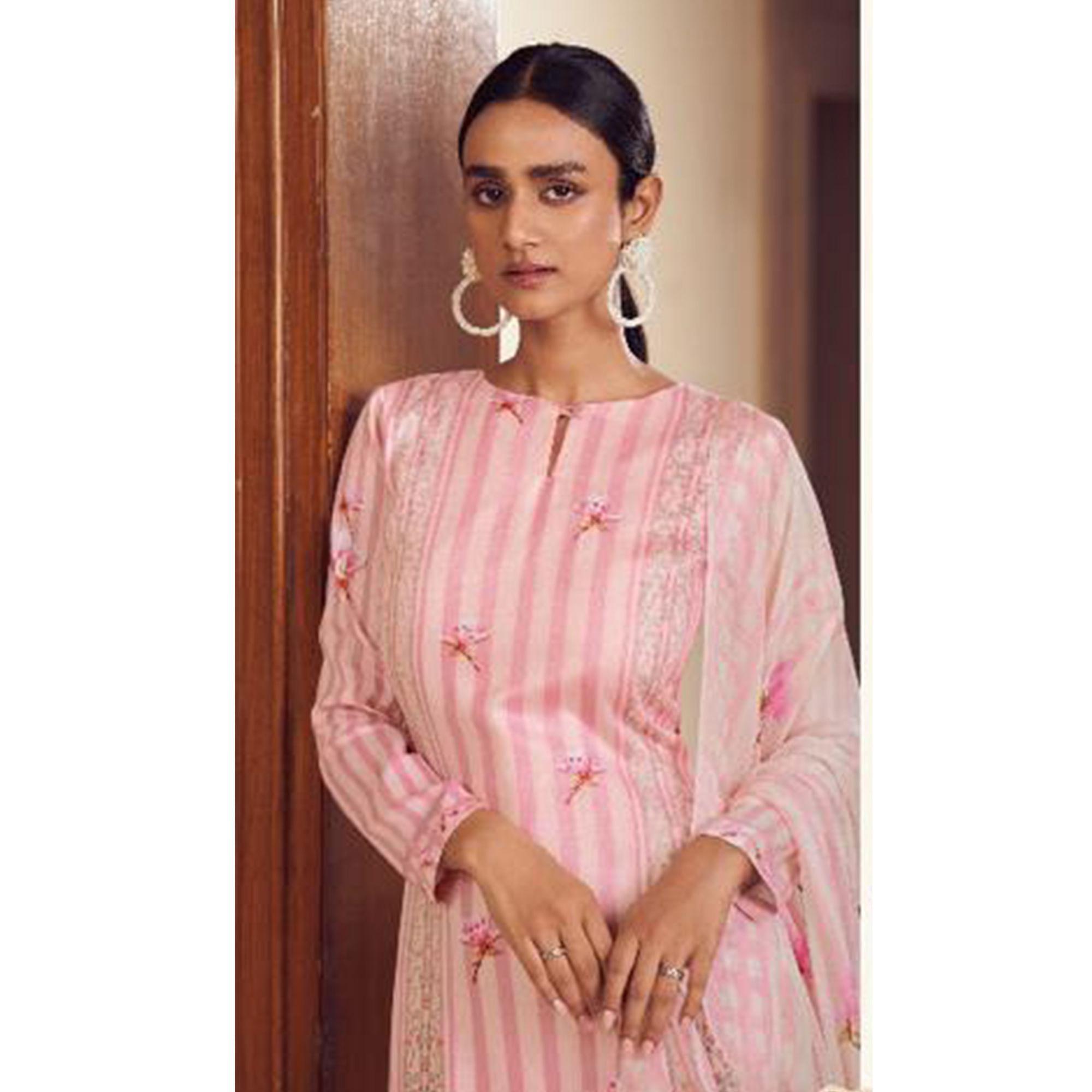 Pink Floral Digital Printed With Handwork Cambric Cotton Partywear Suit - Peachmode
