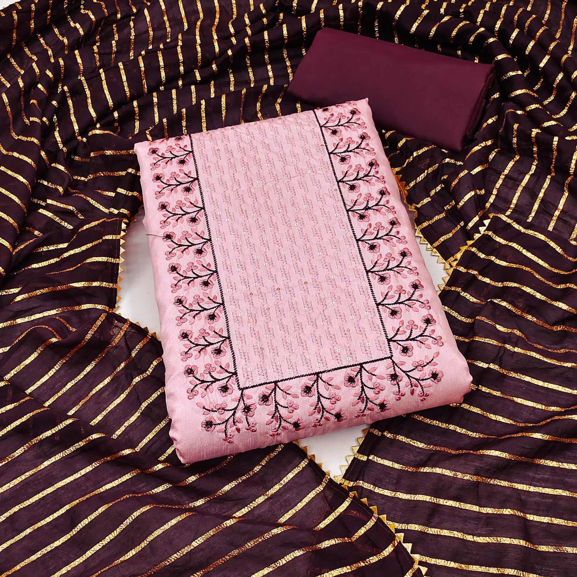 Pink Floral Embroidered Art Silk Dress Material - Peachmode