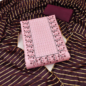 Pink Floral Embroidered Art Silk Dress Material - Peachmode