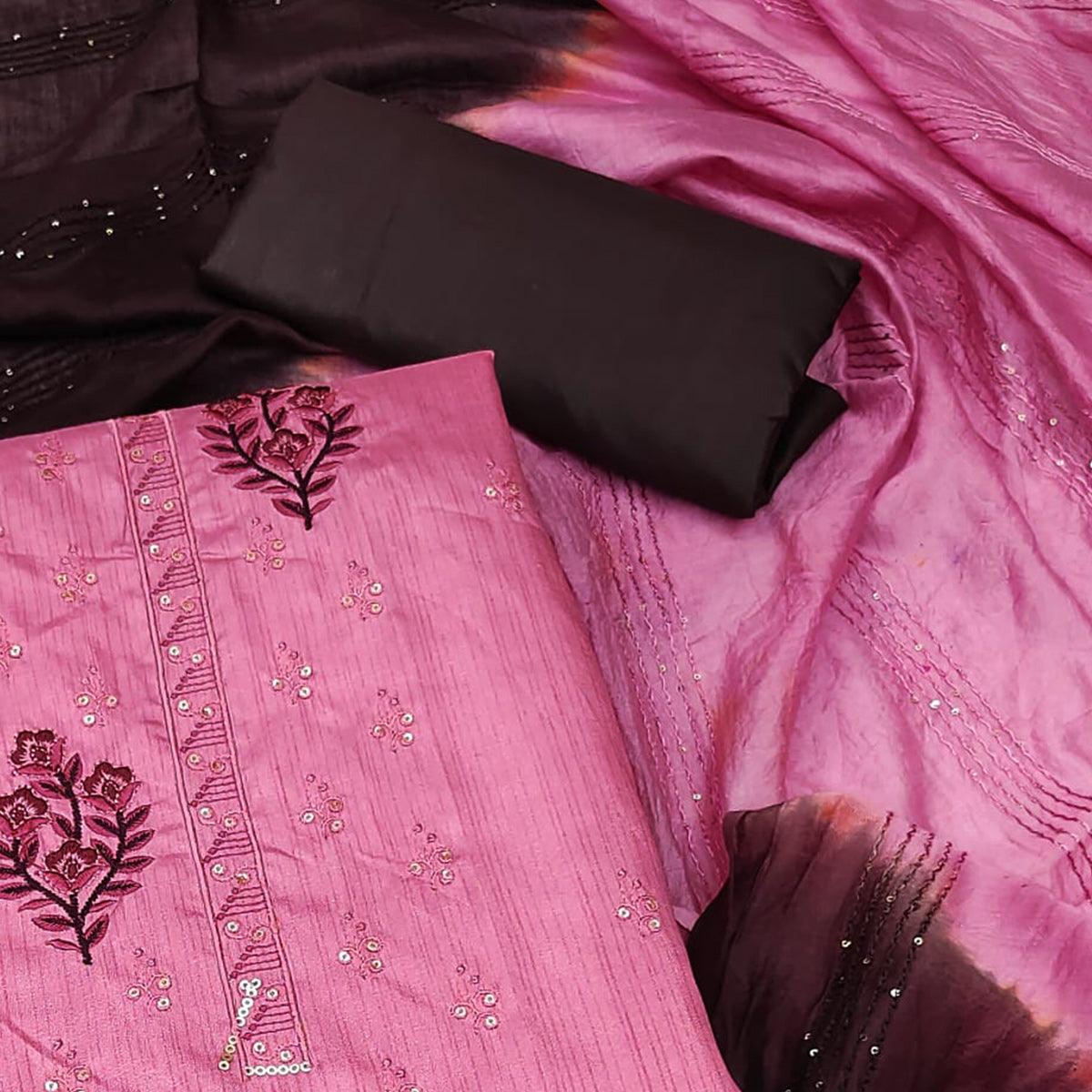 Pink Floral Embroidered Art Silk Dress Material - Peachmode