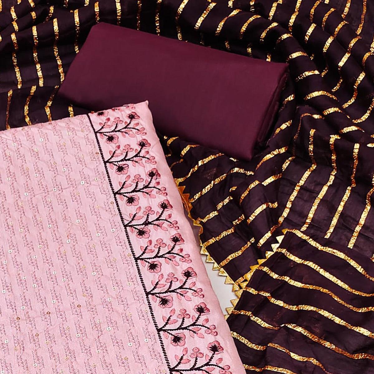 Pink Floral Embroidered Art Silk Dress Material - Peachmode