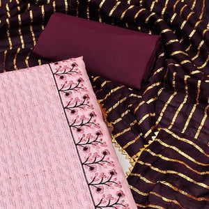 Pink Floral Embroidered Art Silk Dress Material - Peachmode