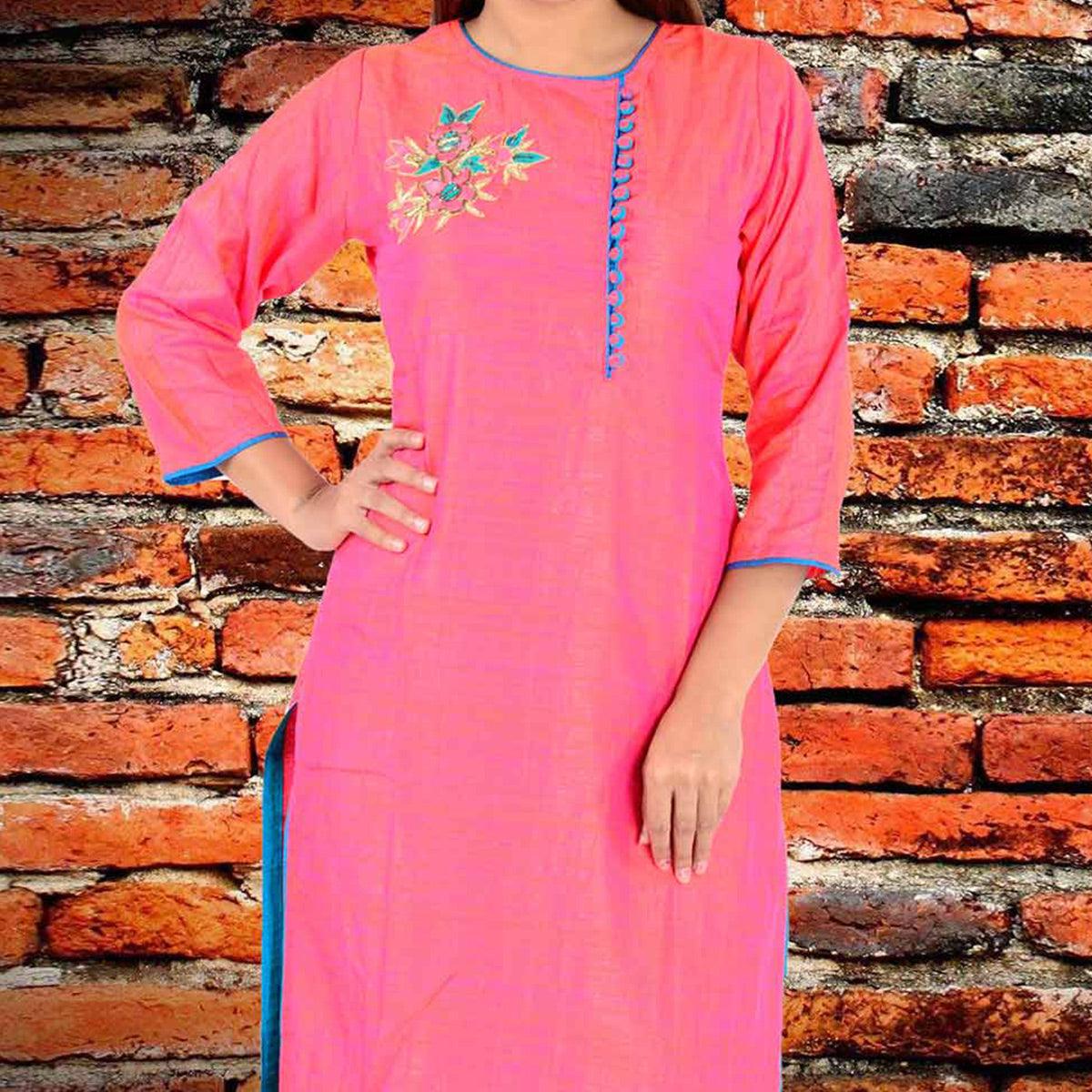 Pink Floral Embroidered Art Silk Kurti - Peachmode