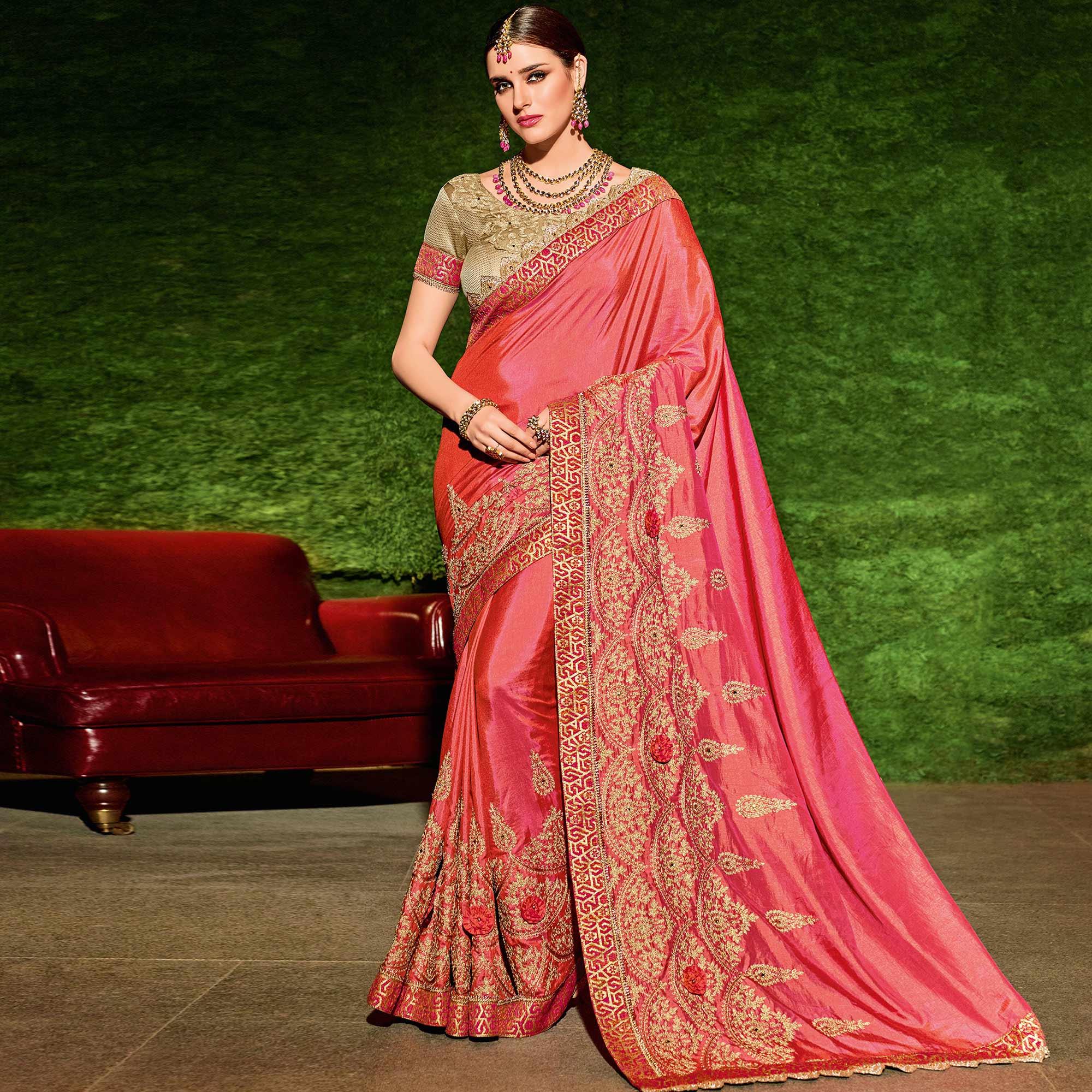 Pink Floral Embroidered Art Silk Saree - Peachmode