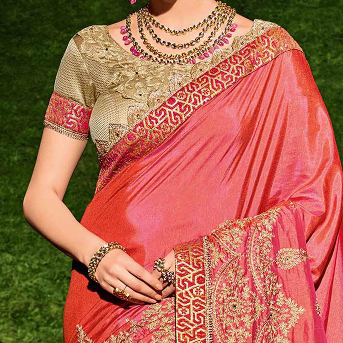 Pink Floral Embroidered Art Silk Saree - Peachmode
