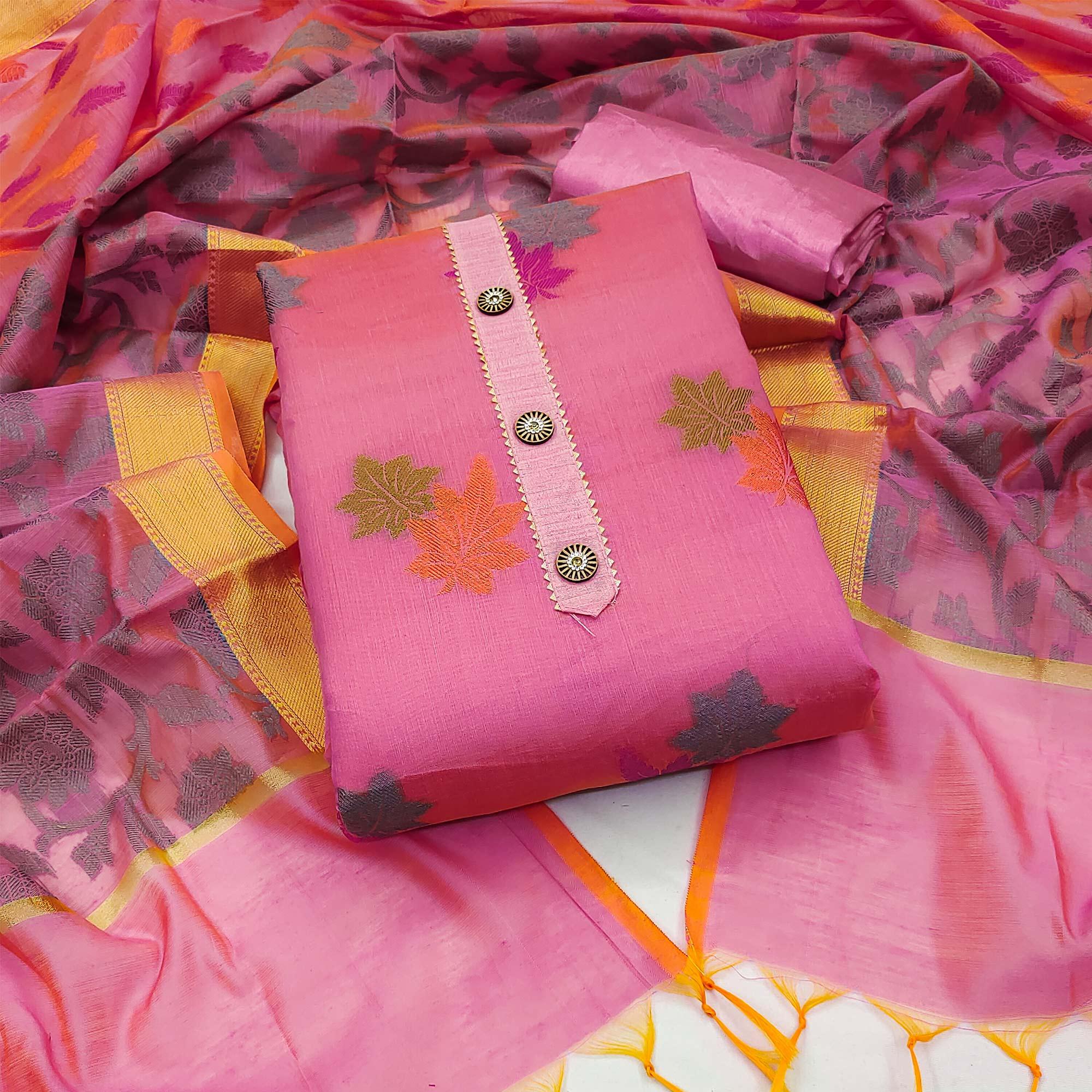 Pink Floral Embroidered Banarasi Silk Dress Material - Peachmode