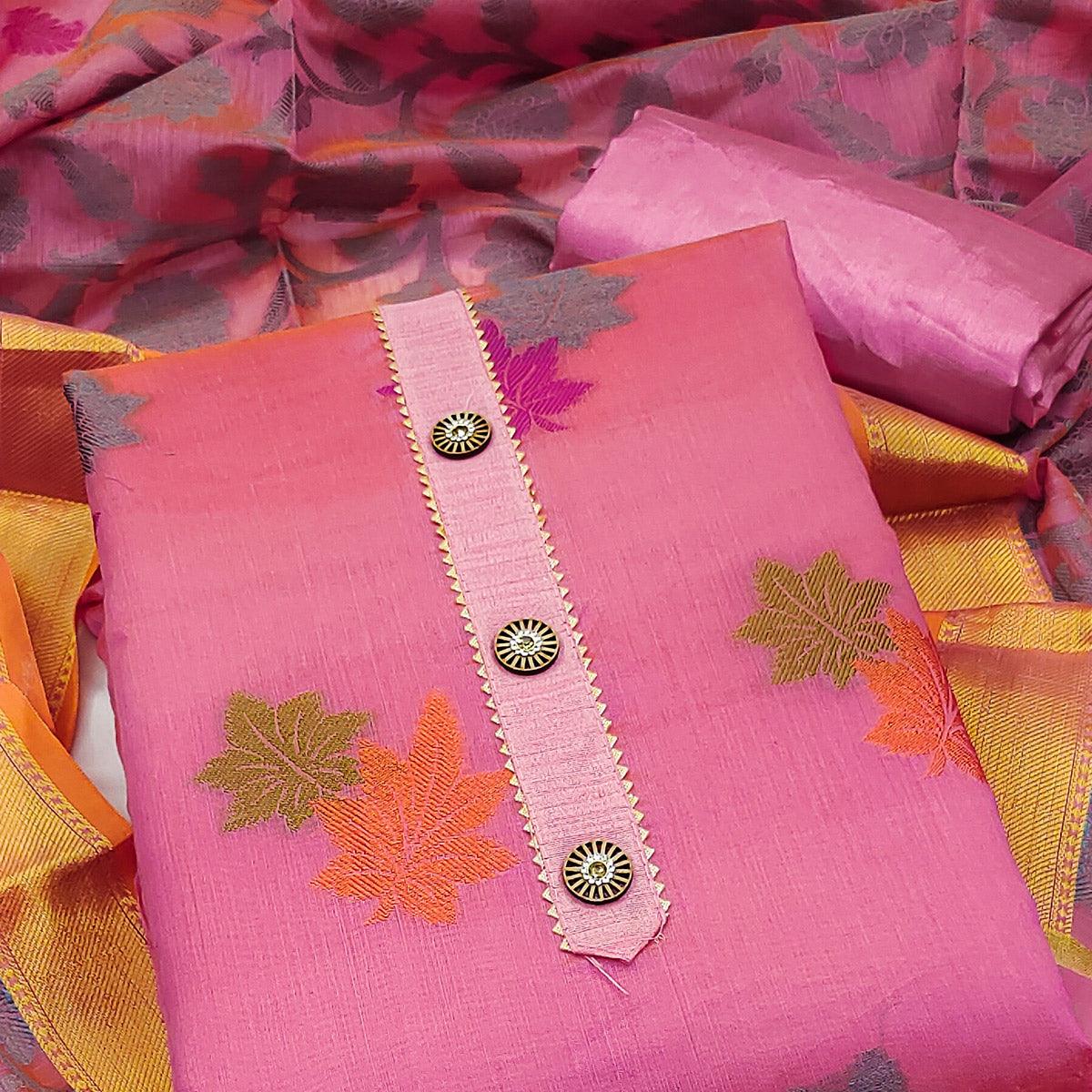 Pink Floral Embroidered Banarasi Silk Dress Material - Peachmode