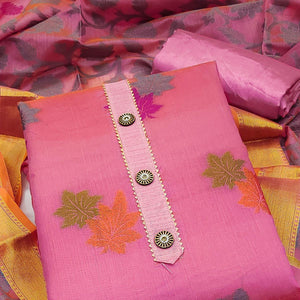 Pink Floral Embroidered Banarasi Silk Dress Material - Peachmode