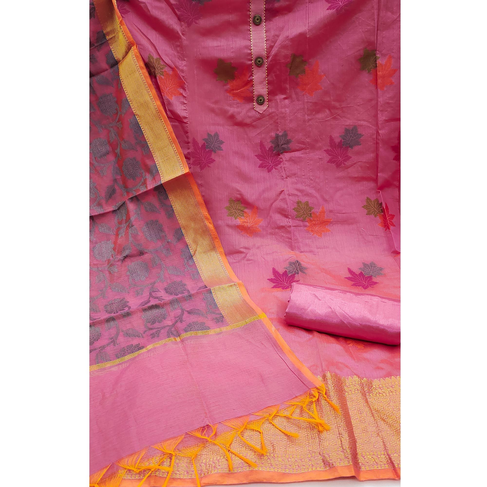 Pink Floral Embroidered Banarasi Silk Dress Material - Peachmode