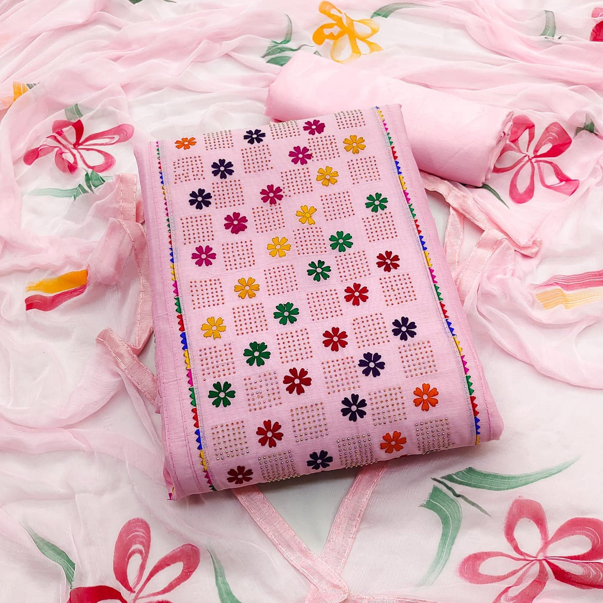 Pink Floral Embroidered Chanderi Dress Material - Peachmode
