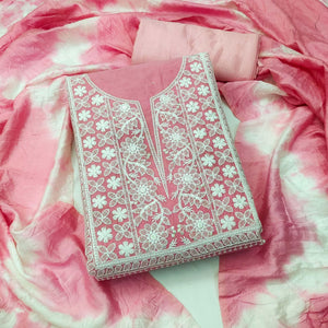 Pink Floral Embroidered Chanderi Dress Material - Peachmode