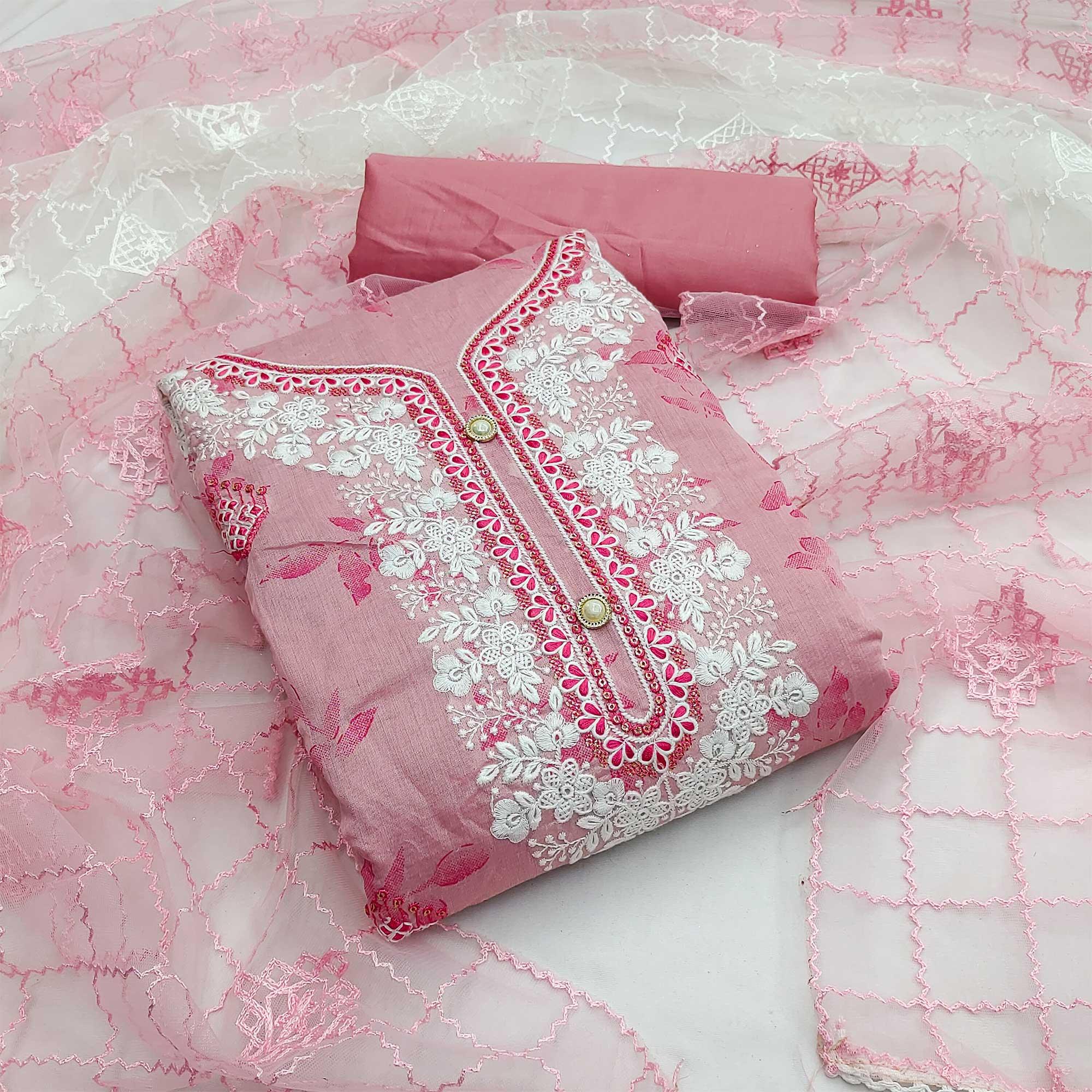 Pink Floral Embroidered Chanderi Dress Material - Peachmode