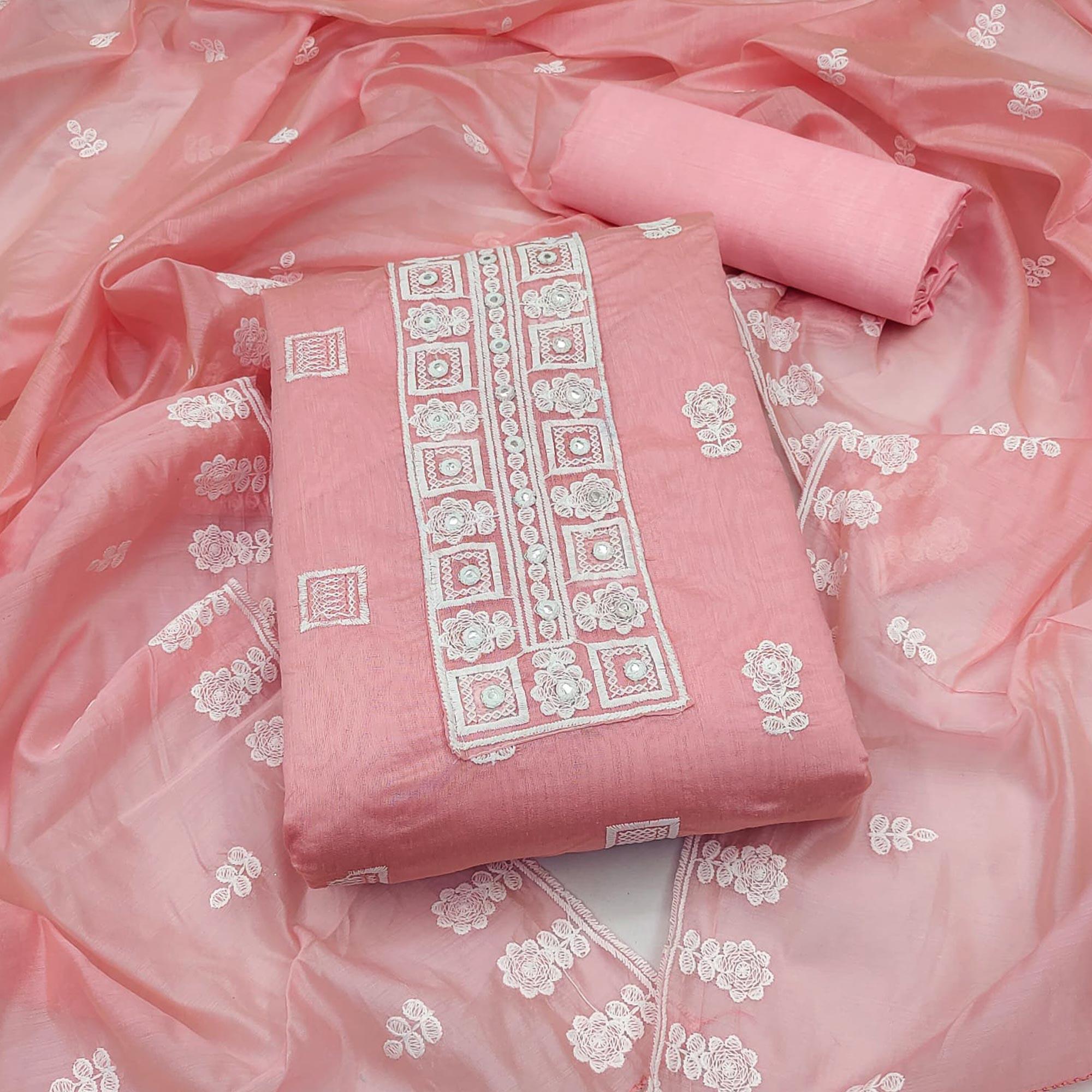 Pink Floral Embroidered Chanderi Dress Material - Peachmode