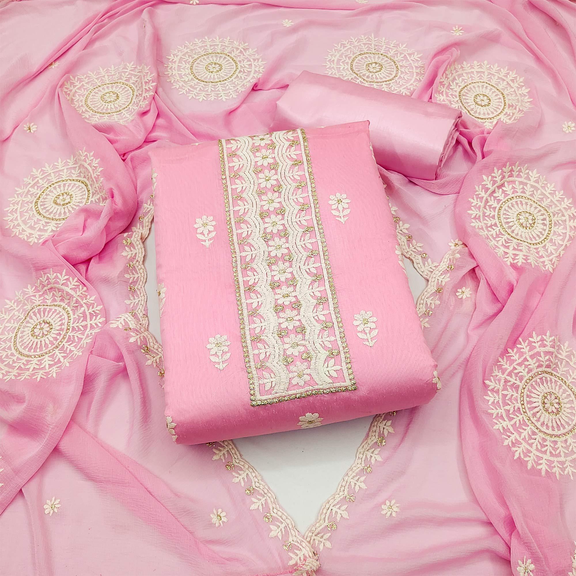 Pink Floral Embroidered Chanderi Dress Material - Peachmode
