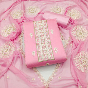 Pink Floral Embroidered Chanderi Dress Material - Peachmode